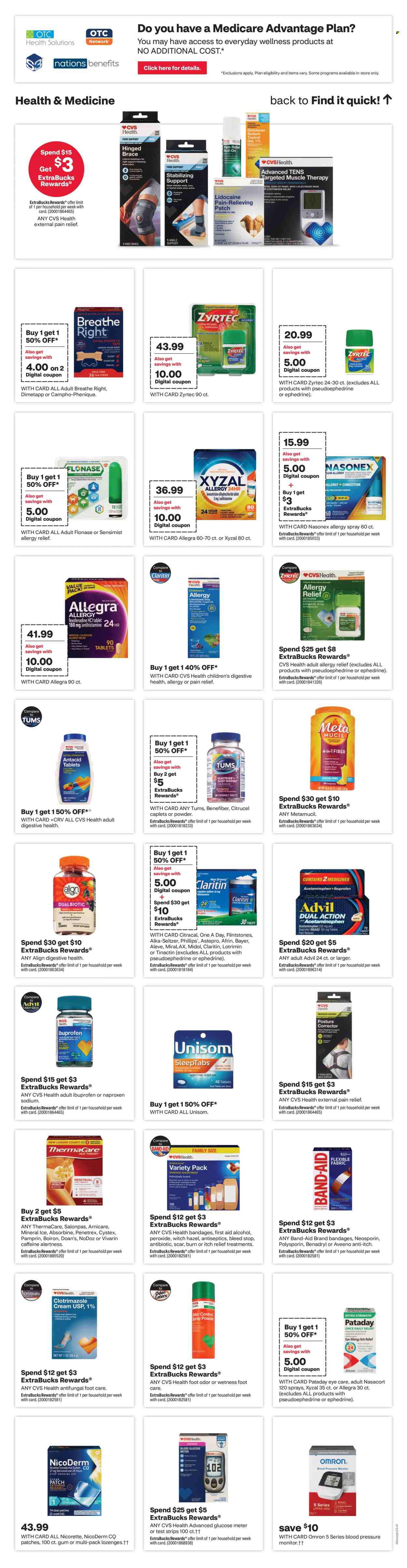 thumbnail - CVS Pharmacy Flyer - 04/28/2024 - 05/04/2024 - Sales products - Omron, Aveeno, ointment, pressure monitor, pain relief, Afrin, Aleve, Dimetapp, MiraLAX, Neosporin, NicoDerm, Nicorette, nicotine therapy, Thermacare, Unisom, Zyrtec, Ibuprofen, Advil Rapid, Alka-seltzer, Antacid, Boiron, Bayer, Metamucil, nasal spray, allergy relief, health supplement, Benadryl, Claritin, Pataday, medicine, allergy control, pain therapy, polysporin, plaster, foot care. Page 6.