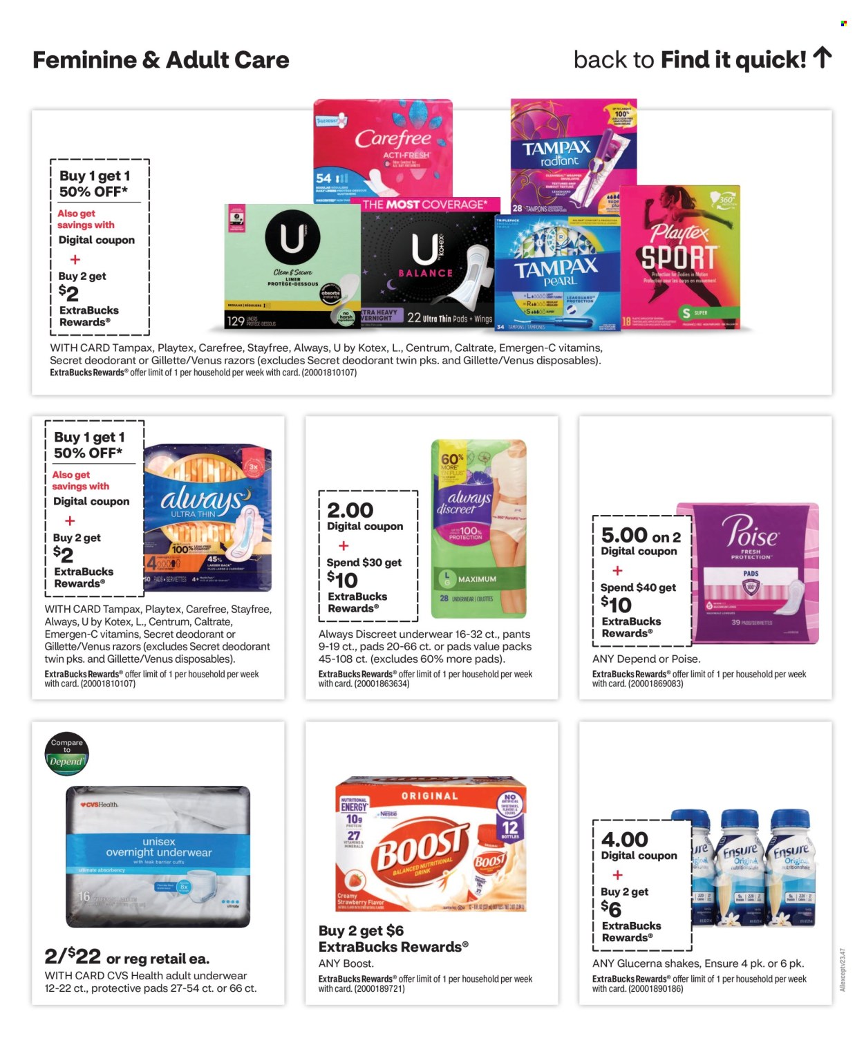 thumbnail - CVS Pharmacy Flyer - 04/28/2024 - 05/04/2024 - Sales products - shake, Boost, pants, pads, Stayfree, Tampax, Playtex, Always Discreet, Carefree, Kotex, Poise, deodorant, Gillette, razor, Venus, Glucerna, Emergen-C, nutritional supplement, Centrum, dietary supplement, vitamins, incontinence care. Page 7.