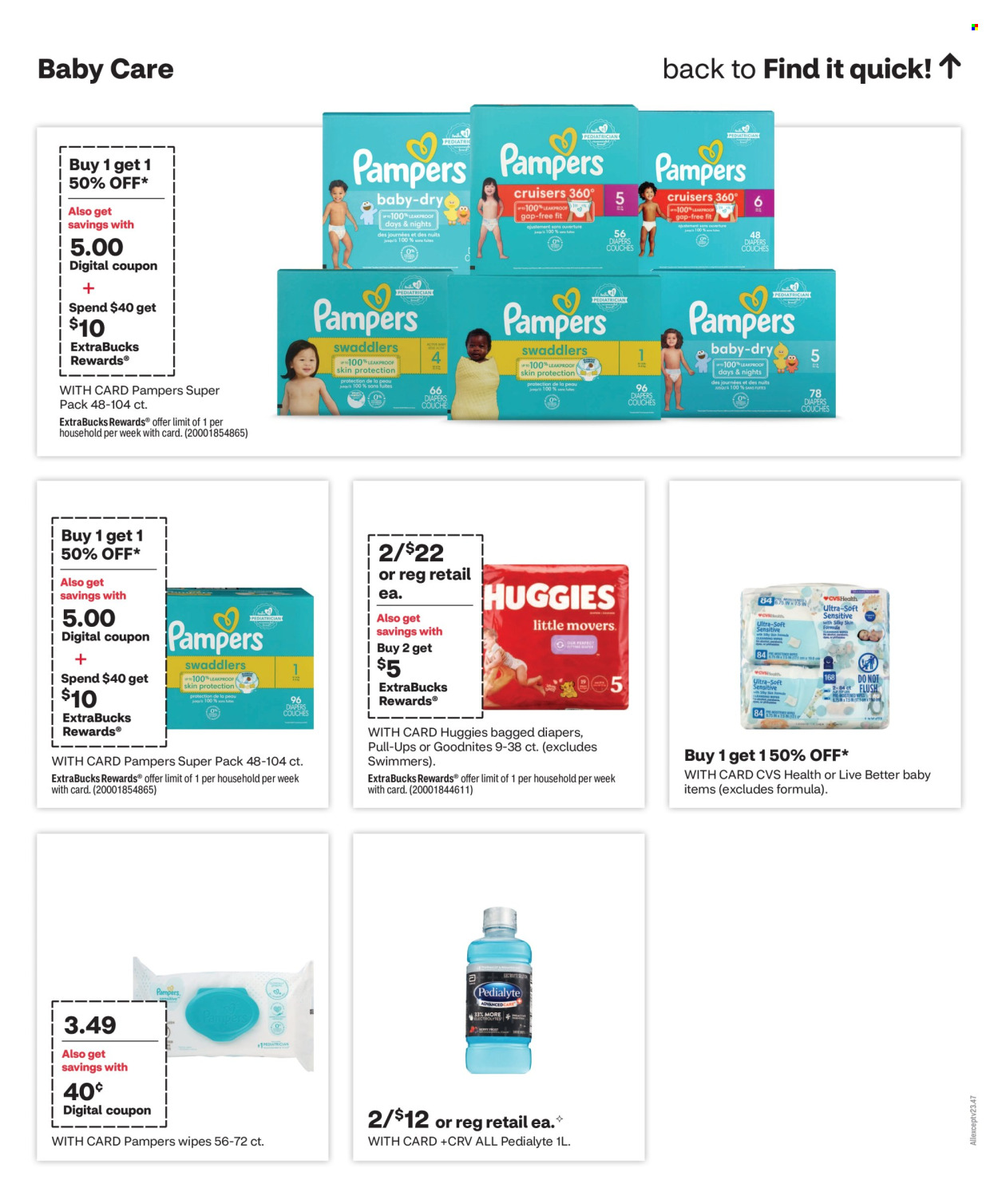 thumbnail - CVS Pharmacy Flyer - 04/28/2024 - 05/04/2024 - Sales products - Pedialyte, wipes, Huggies, Pampers, baby wipes, nappies, baby pants, dietary supplement. Page 9.