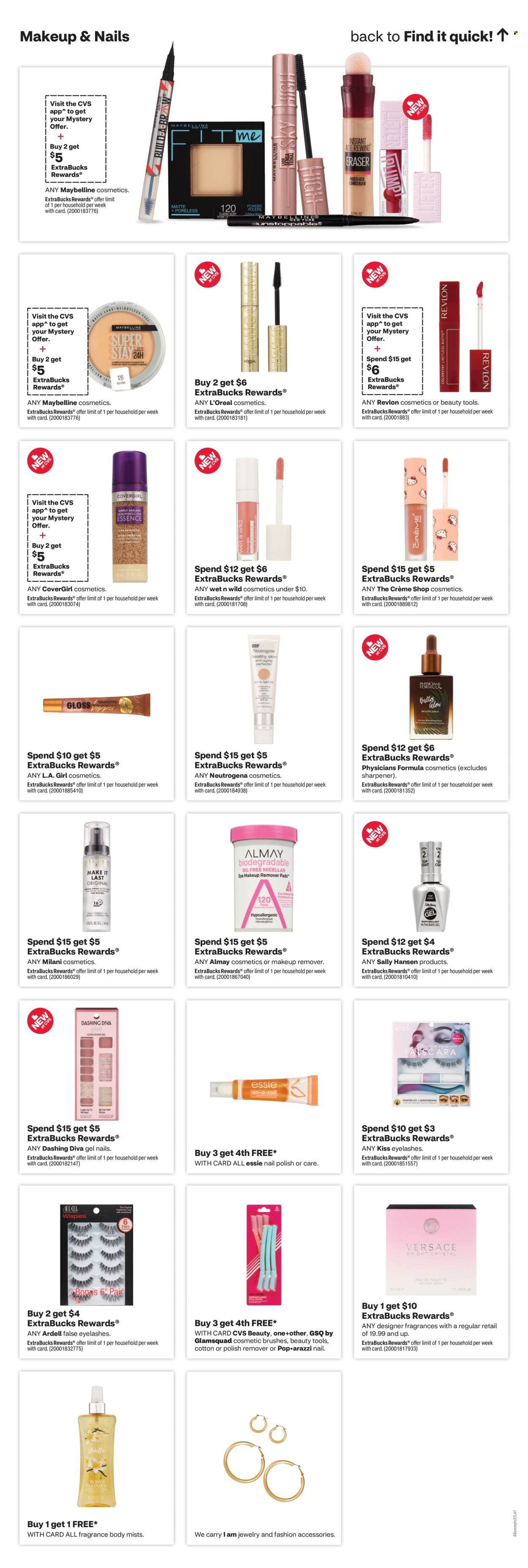 thumbnail - CVS Pharmacy Flyer - 04/28/2024 - 05/04/2024 - Sales products - cosmetic tools, Almay, L’Oréal, makeup remover, Neutrogena, CoverGirl, Revlon, body mist, fragrance, cosmetic accessory, sharpener, Maybelline, eyelashes, cosmetic brush, decorative cosmetic. Page 10.