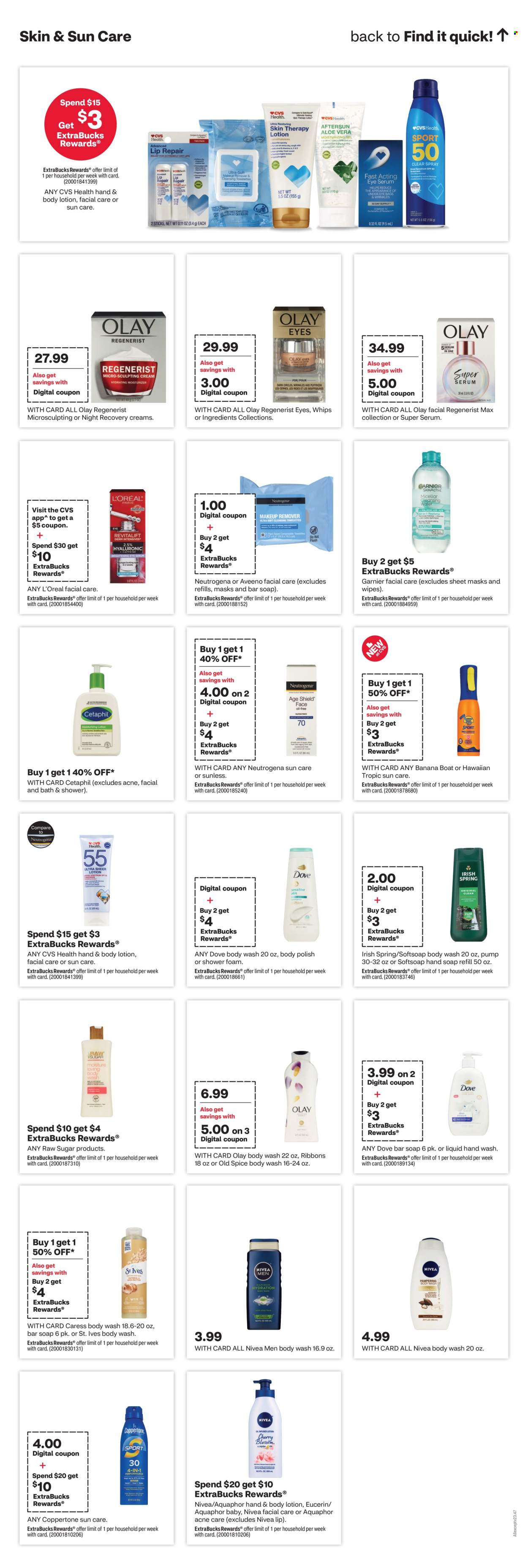 thumbnail - CVS Pharmacy Flyer - 04/28/2024 - 05/04/2024 - Sales products - Dove, wipes, Aquaphor, Aveeno, Nivea, body wash, Softsoap, hand soap, Old Spice, hand wash, soap bar, Raw Sugar, soap, Nivea Men, Garnier, L’Oréal, Neutrogena, serum, Olay, sun care, acne care, Cetaphil, body lotion, body scrub, Eucerin, Hawaiian Tropic. Page 11.