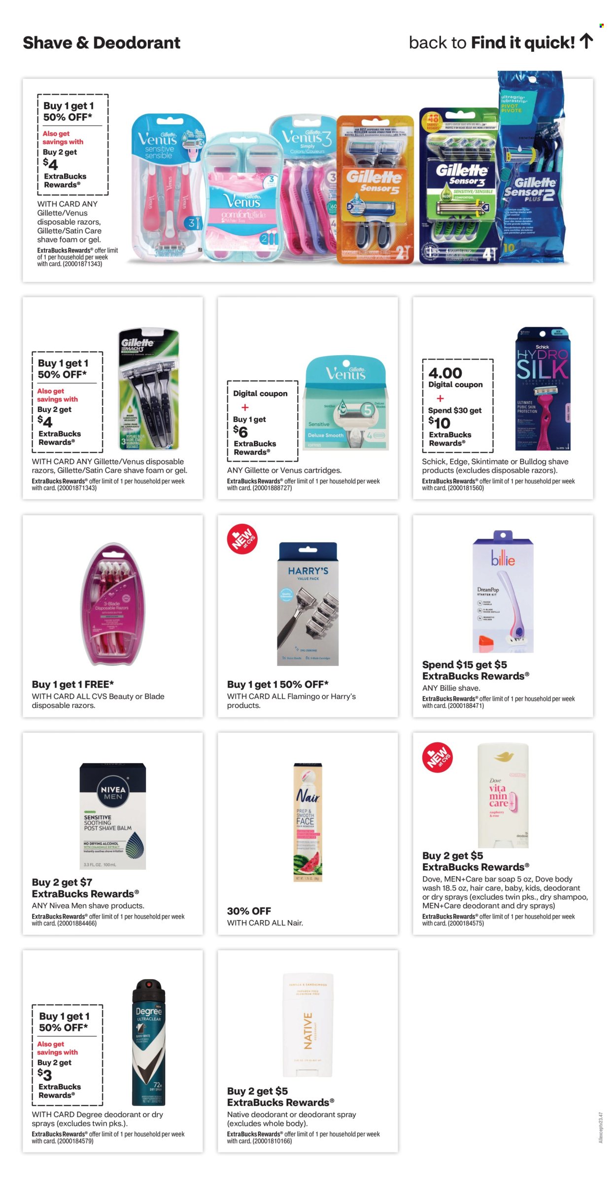 thumbnail - CVS Pharmacy Flyer - 04/28/2024 - 05/04/2024 - Sales products - Dove, Nivea, body wash, shampoo, soap bar, soap, hair products, Nivea Men, dry shampoo, deodorant, Degree, Gillette, Schick, Venus, disposable razor, shave foam, razor cartridges. Page 14.