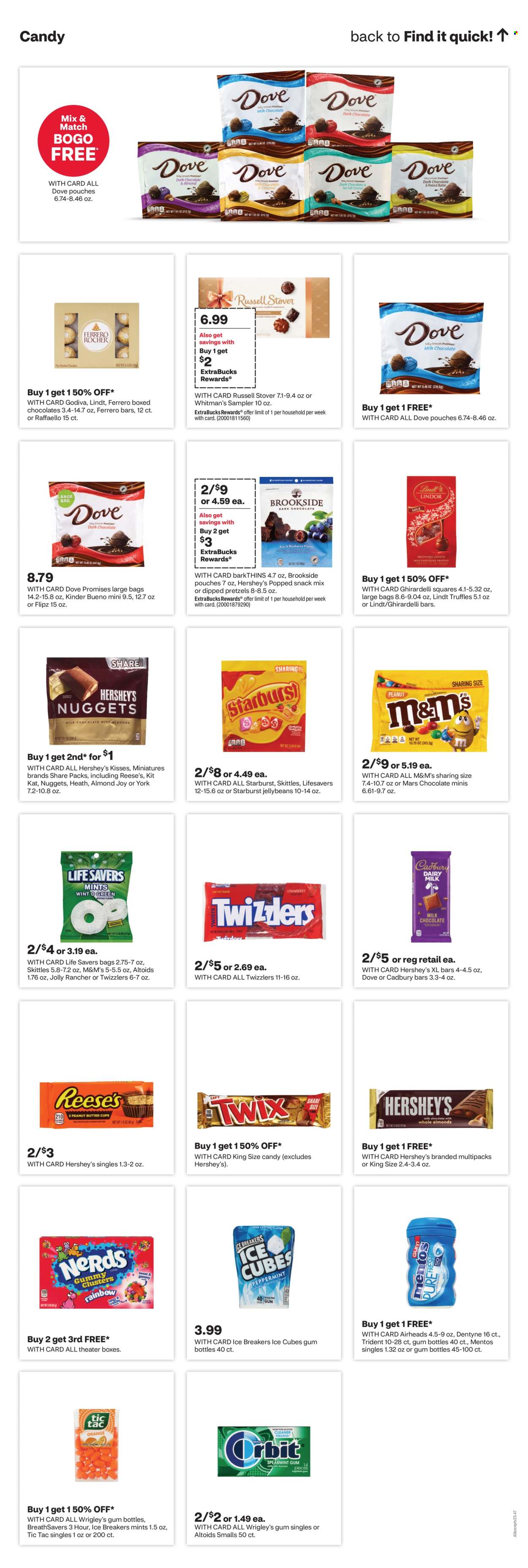 thumbnail - CVS Pharmacy Flyer - 04/28/2024 - 05/04/2024 - Sales products - snack, nuggets, Dove, Reese's, Hershey's, pretzels, chocolate, ice cubes gum, Mentos, Lindt, Ferrero Rocher, Mars, KitKat, M&M's, Godiva, AirHeads, chewing gum, Kinder Bueno, Cadbury, ice cubes, Skittles, Tic Tac, Trident, Ghirardelli, Starburst, chocolate bar, Dove Promises, Candy, Wrigley's, sweets, bars, Joy. Page 15.