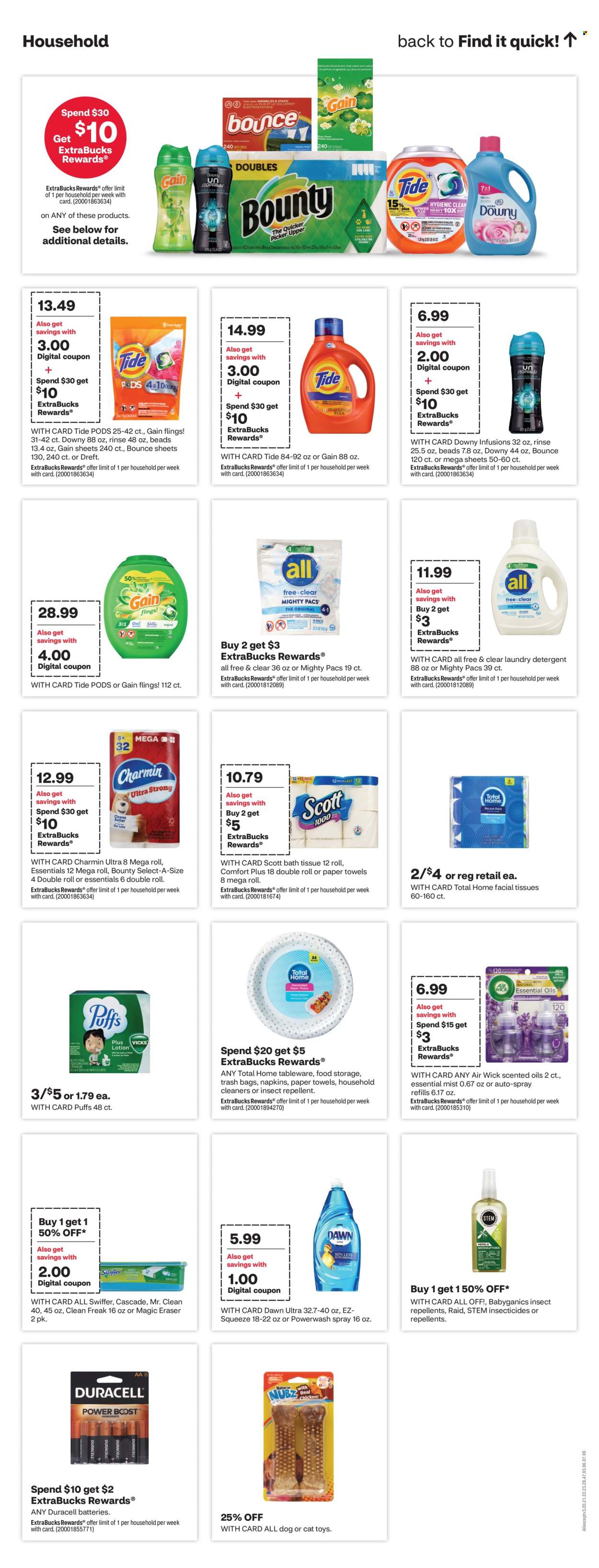 thumbnail - CVS Pharmacy Flyer - 04/28/2024 - 05/04/2024 - Sales products - Bounty, napkins, bath tissue, Scott, kitchen towels, paper towels, Charmin, detergent, Gain, cleaner, Cascade, Tide, laundry detergent, Bounce, dryer sheets, Downy Laundry, dishwashing liquid, facial tissues, air freshener, Air Wick, battery, Duracell, cat toy, dog toy. Page 17.