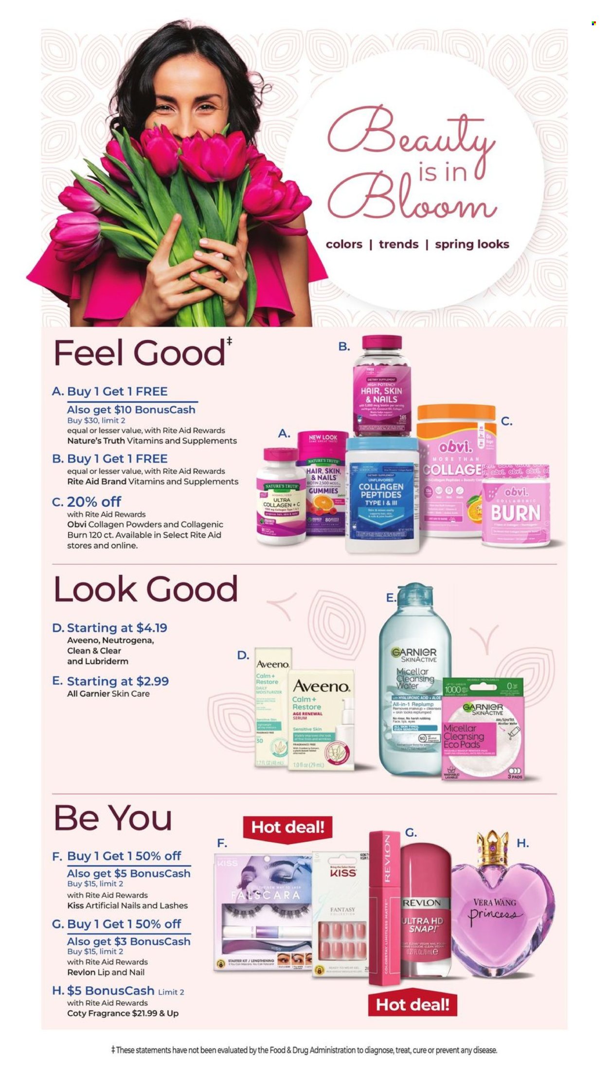 thumbnail - RITE AID Flyer - 04/28/2024 - 05/04/2024 - Sales products - Aveeno, pads, Rin, Garnier, micellar water, moisturizer, Neutrogena, serum, Clean & Clear, skin care product, Revlon, Lubriderm, fragrance, false nails, makeup, princess, Biotin, Nature's Truth, dietary supplement, vitamins. Page 2.
