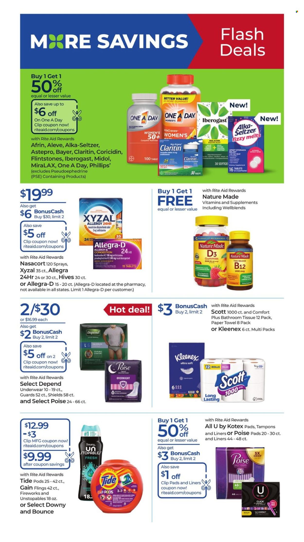 thumbnail - RITE AID Flyer - 04/28/2024 - 05/04/2024 - Sales products - Scott, Digestive, bath tissue, Kleenex, paper towels, pads, Gain, Tide, Unstopables, laundry detergent, Bounce, sanitary pads, Kotex, Kotex pads, incontinence underwear, tampons, Poise, Afrin, Aleve, Coricidin, MiraLAX, Nature Made, Alka-seltzer, vitamin D3, Bayer, nasal spray, dietary supplement, health supplement, Claritin, allergy control, pain therapy, vitamins, incontinence care. Page 3.