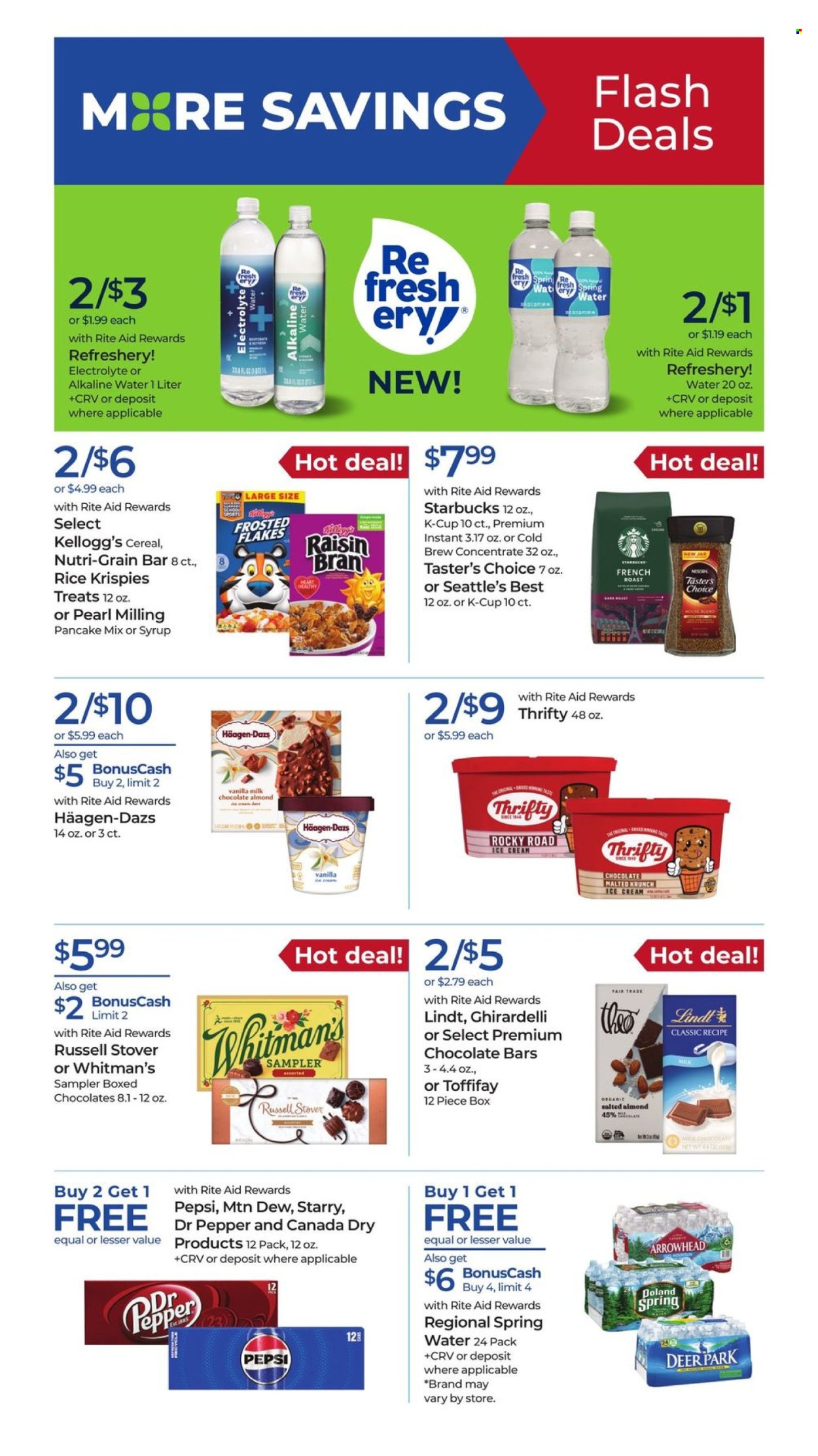 thumbnail - RITE AID Flyer - 04/28/2024 - 05/04/2024 - Sales products - pancake mix, roast, ice cream, Häagen-Dazs, Lindt, Kellogg's, Ghirardelli, chocolate bar, cereals, Frosted Flakes, Raisin Bran, Nutri-Grain, syrup, Canada Dry, ginger ale, Mountain Dew, Pepsi, Dr. Pepper, soft drink, electrolyte drink, spring water, alkaline water, water, carbonated soft drink, coffee drink, Starbucks, coffee capsules, K-Cups, jar. Page 5.