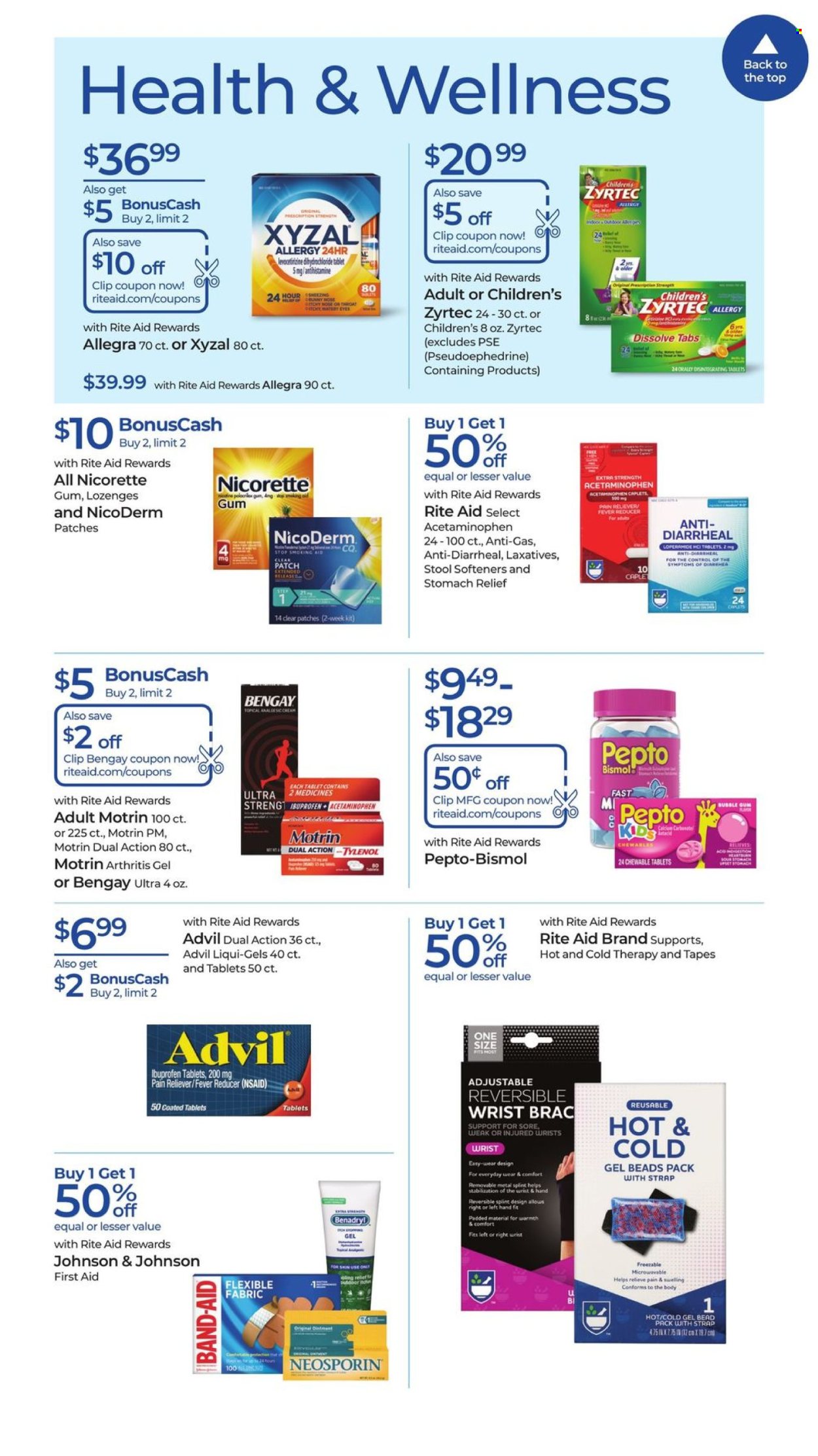 thumbnail - RITE AID Flyer - 04/28/2024 - 05/04/2024 - Sales products - bubblegum, Johnson's, ointment, pain relief, calcium, Neosporin, NicoDerm, Nicorette, nicotine therapy, Tylenol, Zyrtec, Ibuprofen, Pepto-bismol, Bengay, Advil Rapid, Nicorette Gum, Motrin, Benadryl, allergy control, antinauseant product, pain therapy, plaster. Page 10.