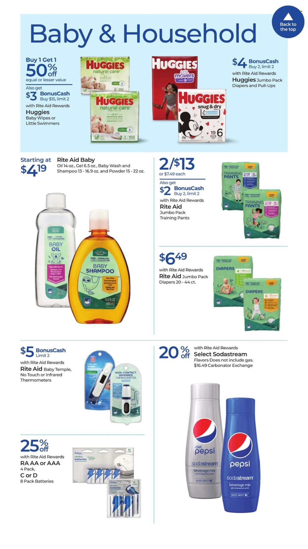 thumbnail - RITE AID Flyer - 04/28/2024 - 05/04/2024 - Sales products - oil, Pepsi, soft drink, carbonated soft drink, wipes, Huggies, pants, baby wipes, nappies, baby pants, baby oil, shampoo, thermometer, SodaStream, battery, alkaline batteries. Page 14.