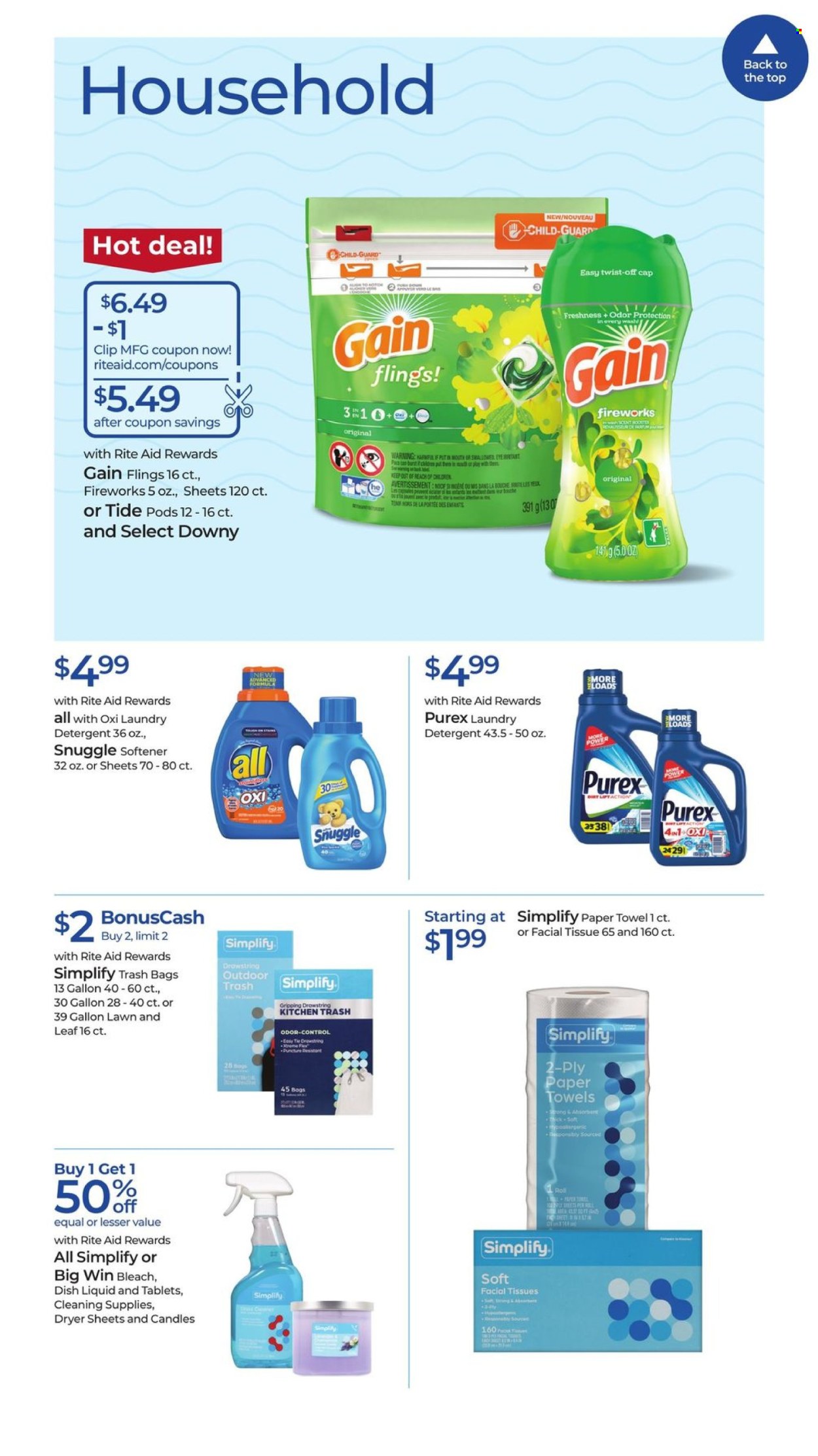 thumbnail - RITE AID Flyer - 04/28/2024 - 05/04/2024 - Sales products - tissues, kitchen towels, paper towels, detergent, Gain, bleach, Snuggle, Tide, fabric softener, laundry detergent, dryer sheets, Gain Fireworks, Purex, dishwashing liquid, facial tissues, bag, trash bags, candle, cap. Page 15.