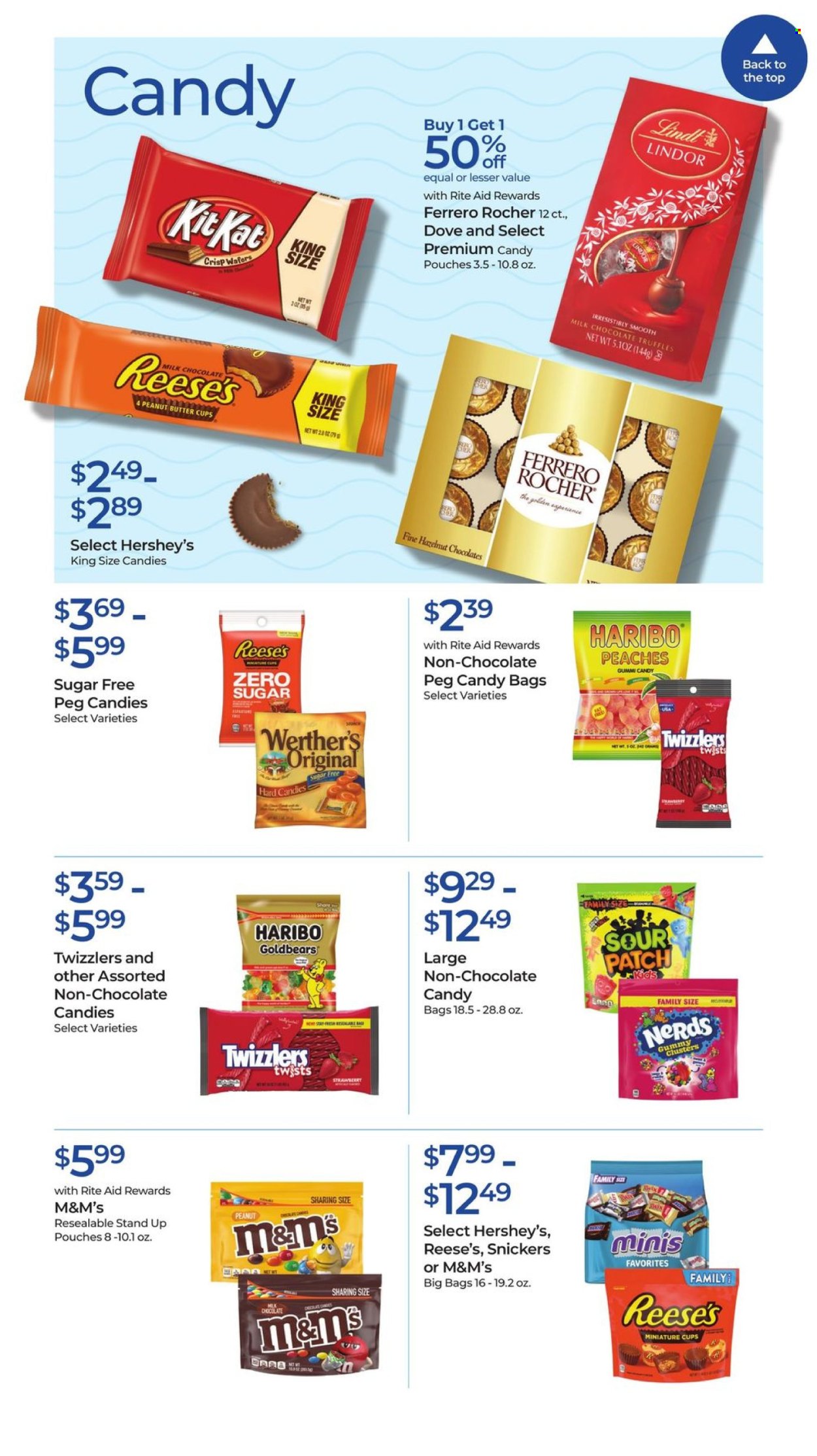 thumbnail - RITE AID Flyer - 04/28/2024 - 05/04/2024 - Sales products - Dove, Reese's, Hershey's, Ola, wafers, chocolate wafer, Haribo, Lindt, Lindor, Ferrero Rocher, Snickers, truffles, KitKat, M&M's, jelly candy, peanut butter cups, chocolate candies, Sour Patch, Werther's Original, sweets, gummies. Page 18.