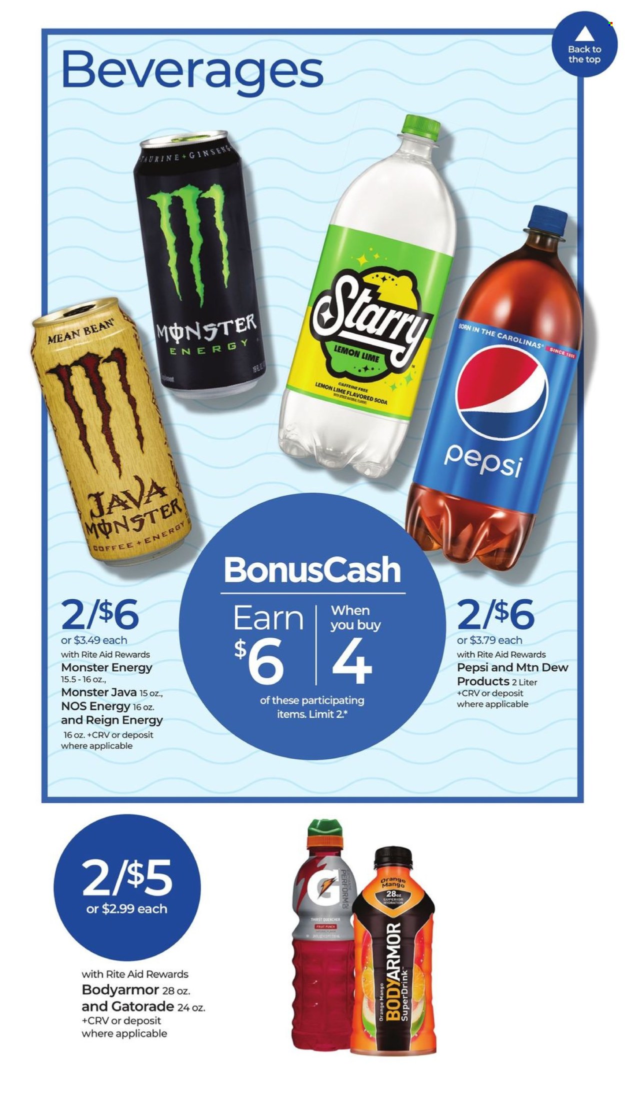thumbnail - RITE AID Flyer - 04/28/2024 - 05/04/2024 - Sales products - mango, Mountain Dew, Pepsi, Monster, soft drink, Monster Energy, Gatorade, fruit punch, electrolyte drink, soda, carbonated soft drink, coffee, ginseng. Page 19.