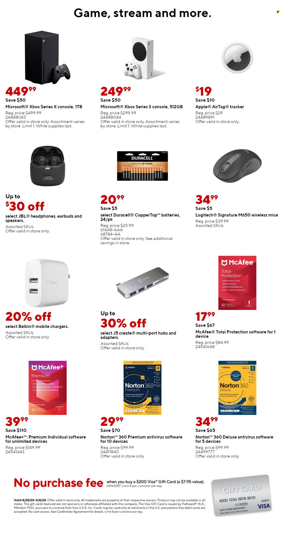 thumbnail - Staples Flyer - 04/28/2024 - 05/04/2024 - Sales products - Norton, anti-virus, Apple, battery, Duracell, Apple AirTag, Logitech, mouse, JBL, headphones, earbuds. Page 6.