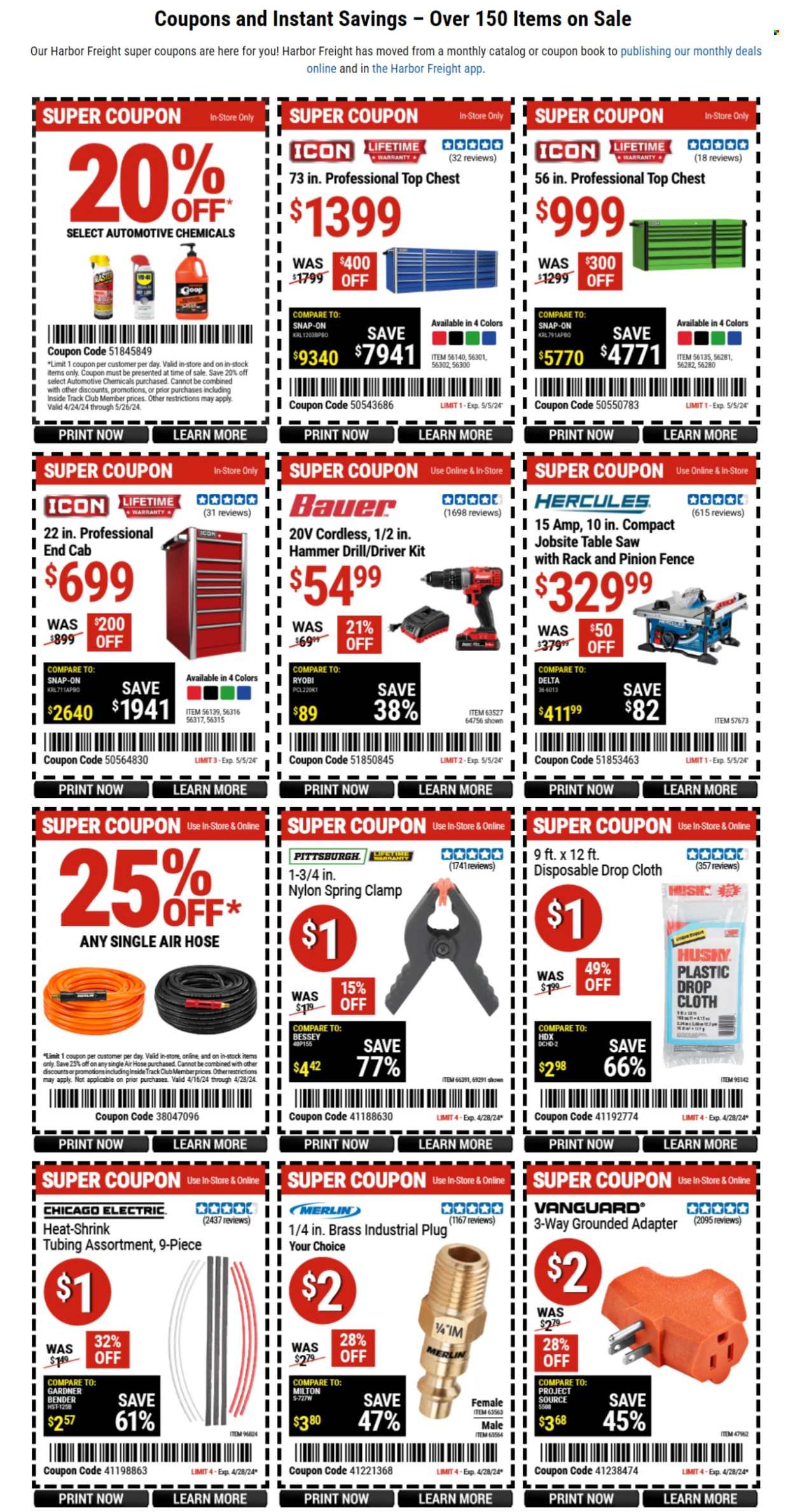 thumbnail - Harbor Freight Flyer - 04/25/2024 - 05/05/2024 - Sales products - plug, adapter, drill, hammer drill, table saw, air hose, shrink tubing, clamp. Page 1.