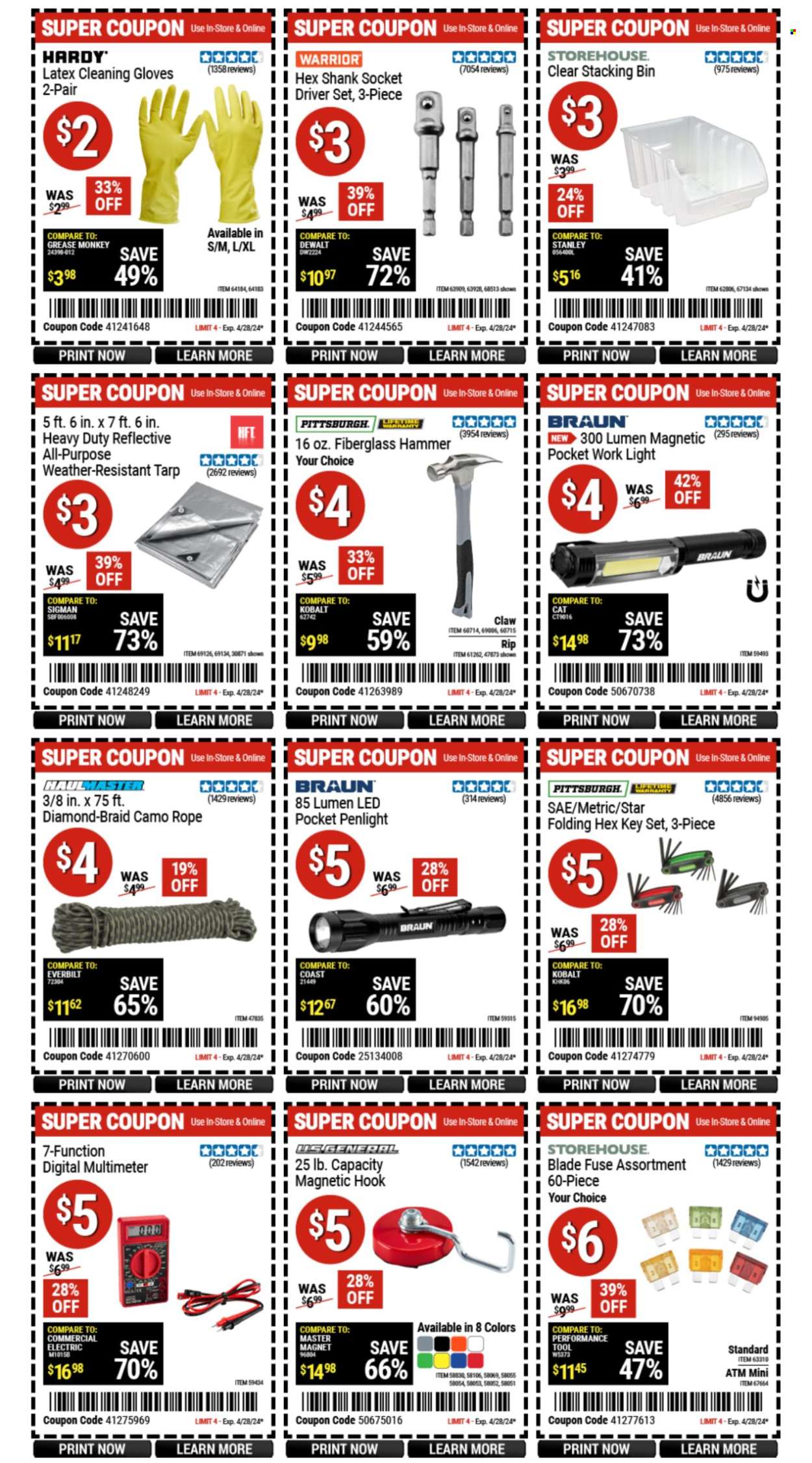 thumbnail - Harbor Freight Flyer - 04/25/2024 - 05/05/2024 - Sales products - hook, rope, Braun, work light, digital multimeter, hammer, gloves, weather-resistant tarp. Page 2.