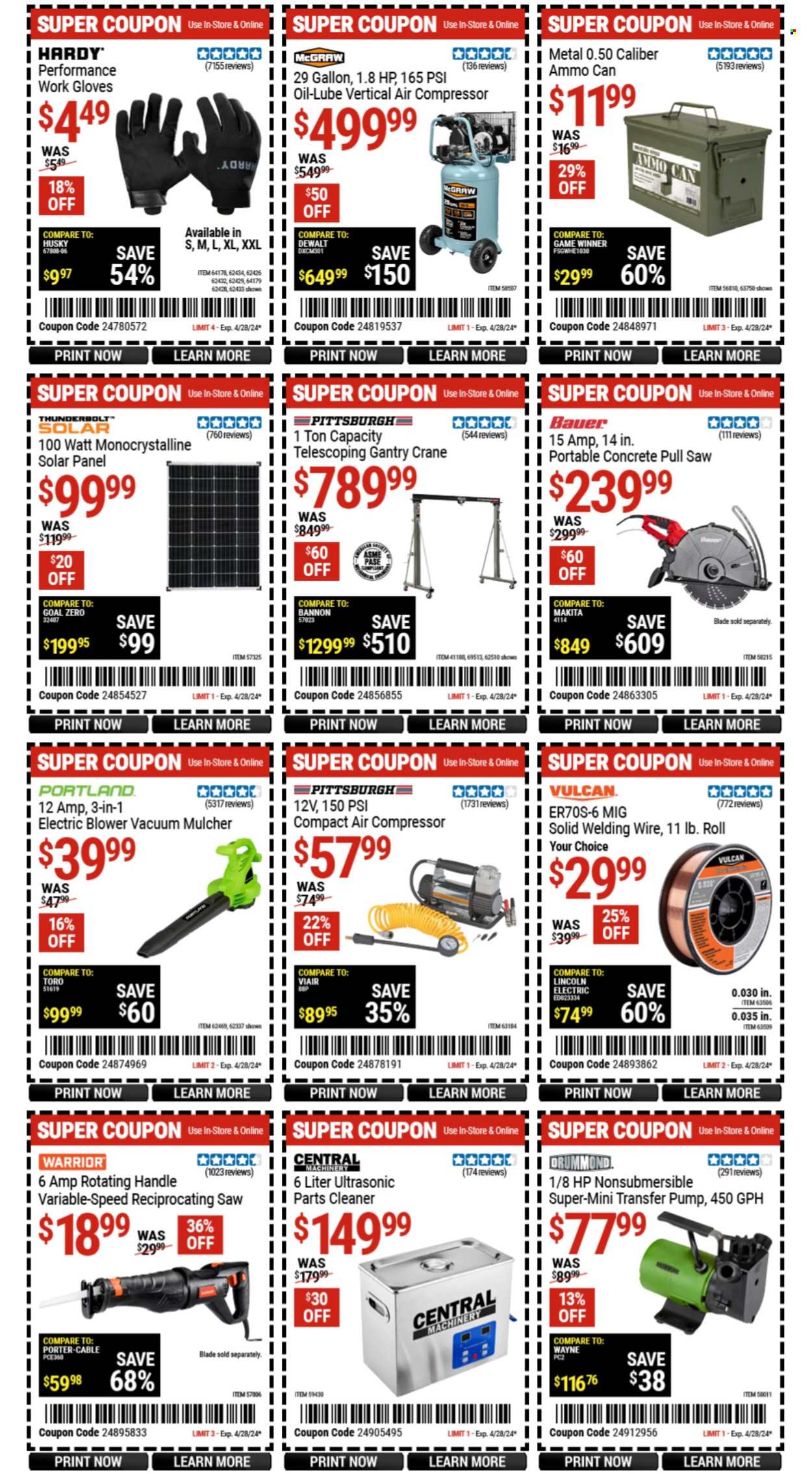 thumbnail - Harbor Freight Flyer - 04/25/2024 - 05/05/2024 - Sales products - compressor, ammo can, ammo, solar panel, saw, reciprocating saw, mulcher, blower, air compressor, work gloves, welding wire, transfer pumps, cleaner. Page 4.