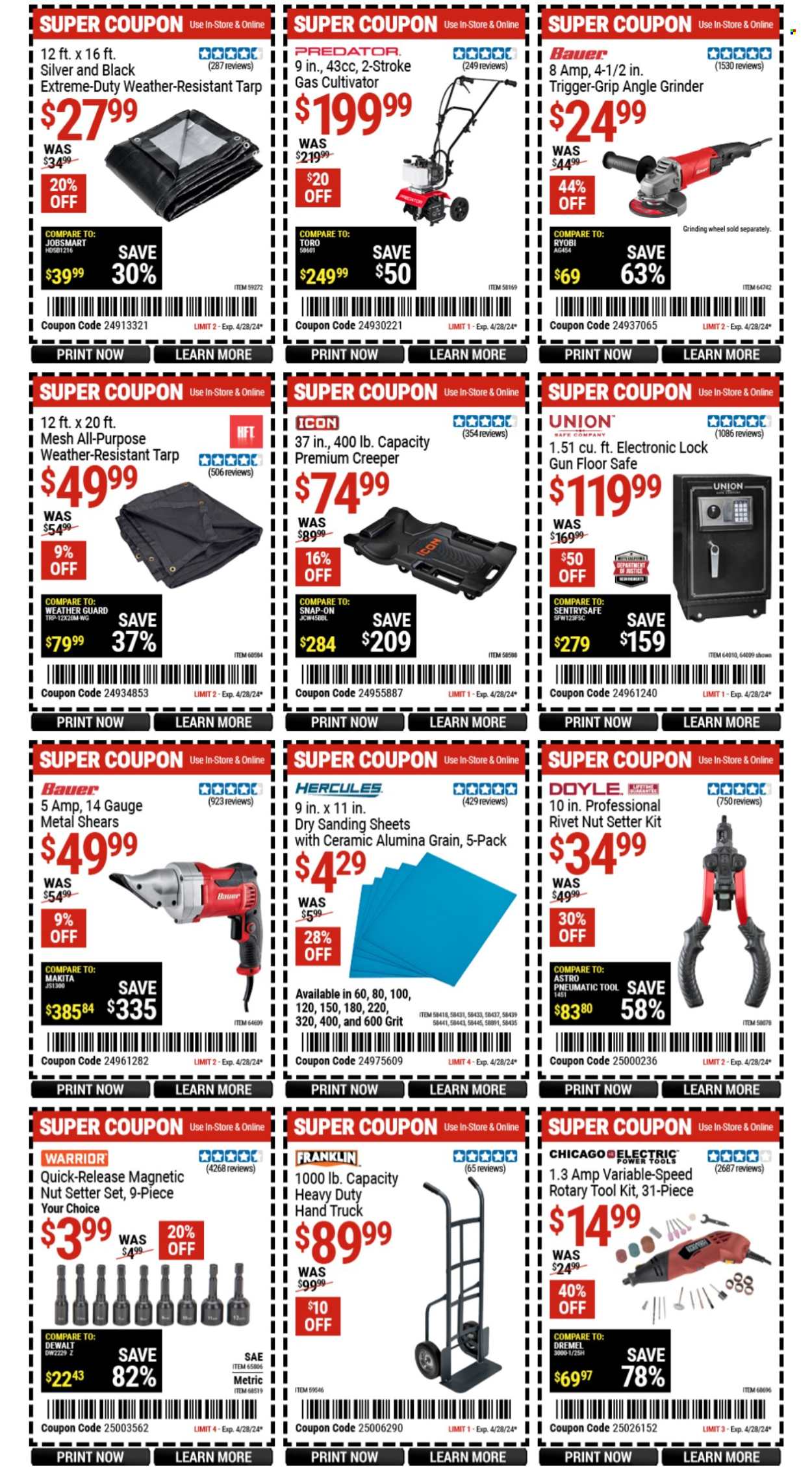 thumbnail - Harbor Freight Flyer - 04/25/2024 - 05/05/2024 - Sales products - power tools, rotary tool, angle grinder, grinding wheel, scissors, tool set, hand truck, gauge, weather-resistant tarp, creeper. Page 5.