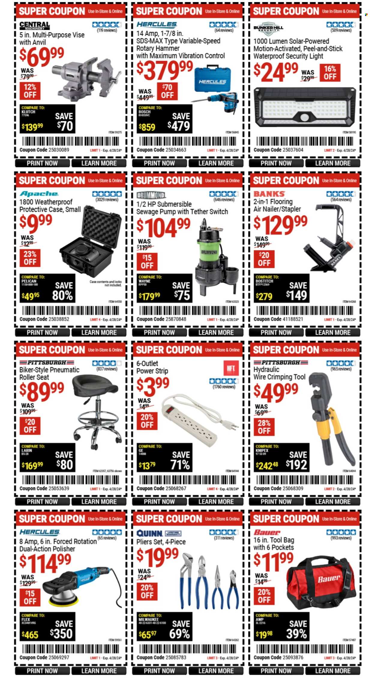 thumbnail - Harbor Freight Flyer - 04/25/2024 - 05/05/2024 - Sales products - power strip, bag, security light, flooring, Milwaukee, pliers, crimper, tool bag, roller seat. Page 6.
