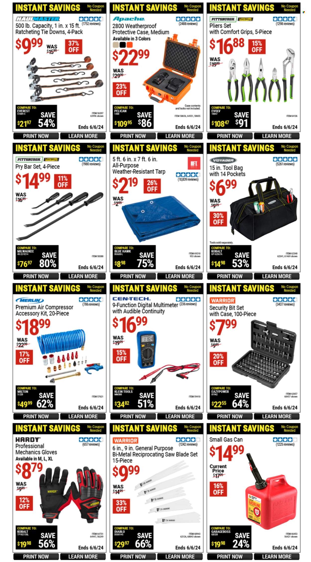 thumbnail - Harbor Freight Flyer - 04/25/2024 - 05/05/2024 - Sales products - compressor, bag, digital multimeter, Milwaukee, saw, reciprocating saw blade, pliers, pry bar, air compressor, tool bag, bit set, weather-resistant tarp, tie downs. Page 9.