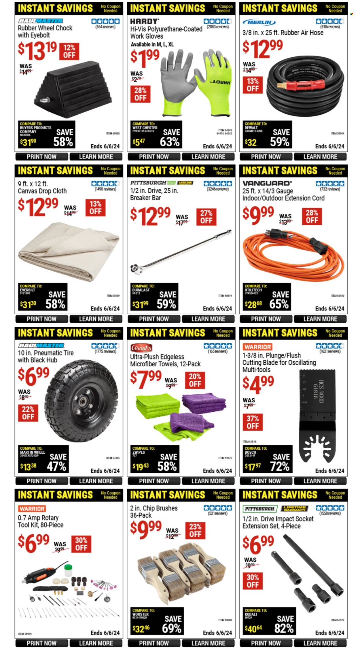 thumbnail - Harbor Freight Flyer - 04/25/2024 - 05/05/2024 - Sales products - rotary tool, tool set, gloves, work gloves, extension cord, air hose, gauge, Duralast, microfiber towel. Page 10.