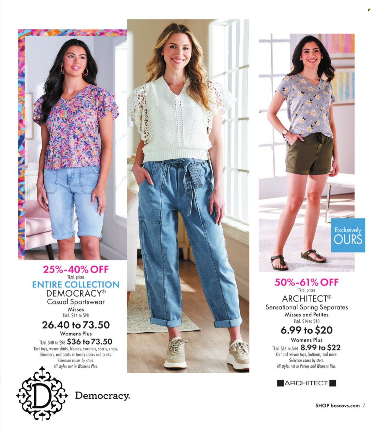 thumbnail - Boscov's Flyer - 04/25/2024 - 05/15/2024 - Sales products - Democracy, pants, shorts, blouse, shirt, tops. Page 7.