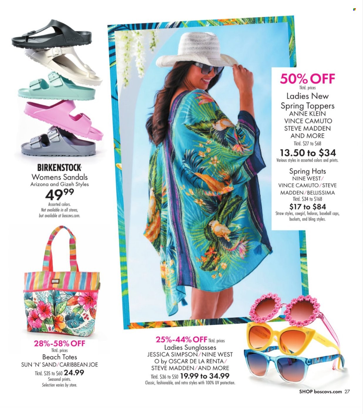 thumbnail - Boscov's Flyer - 04/25/2024 - 05/15/2024 - Sales products - sandals, bucket, straw, cap, hat, tote, sunglasses. Page 27.