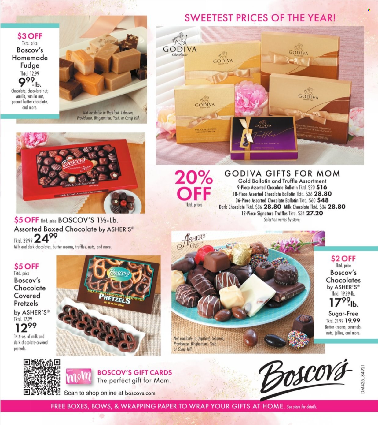 thumbnail - Boscov's Flyer - 04/25/2024 - 05/15/2024 - Sales products - fudge, milk chocolate, pretzels, truffles, Godiva, jellies, wrapping paper. Page 32.