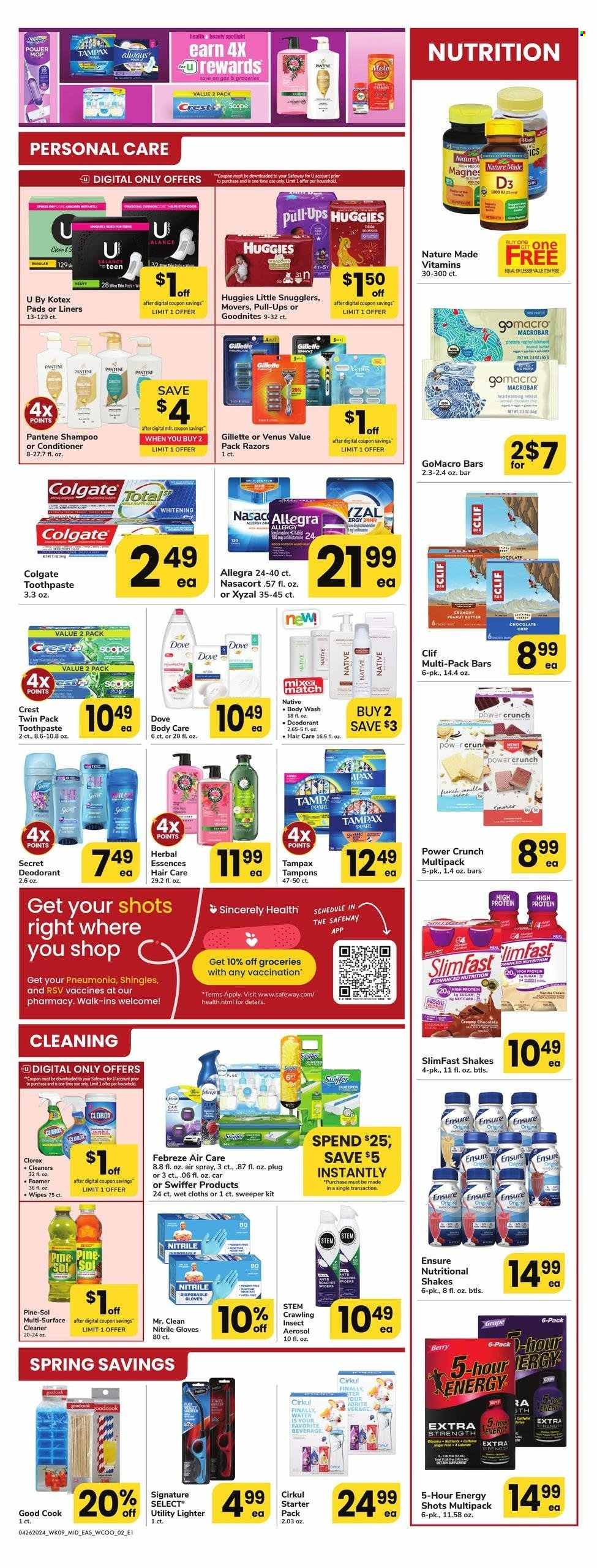 thumbnail - Safeway Flyer - 04/26/2024 - 05/16/2024 - Sales products - Slimfast, shake, probiotic drink, Dove, bars, energy shot, wipes, Febreze, surface cleaner, cleaner, all purpose cleaner, Clorox, Pine-Sol, Swiffer, body wash, shampoo, hair products, Colgate, toothpaste, Crest, Tampax, sanitary pads, Kotex, Kotex pads, tampons, conditioner, Pantene, Herbal Essences, body care, Gillette, razor, Venus, gloves, mop, disposable gloves, cloths, air freshener, spotlight, Nature Made, nutritional supplement, vitamin D3, dietary supplement, allergy control, vitamins, Huggies. Page 2.