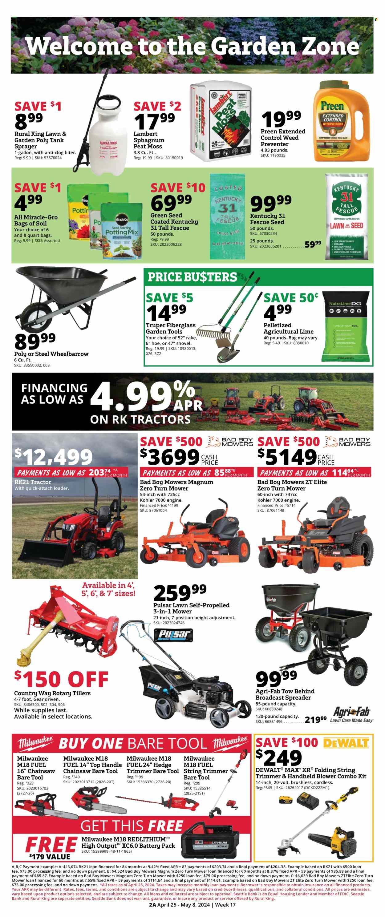 thumbnail - Rural King Flyer - 04/25/2024 - 05/08/2024 - Sales products - DeWALT, Fab, gallon, tank, trimmer, tractor, spreader, gardening tools, Milwaukee, chain saw, string trimmer, shovel, combo kit, blower, wheelbarrow, sprayer, rake, Bad Boy. Page 2.
