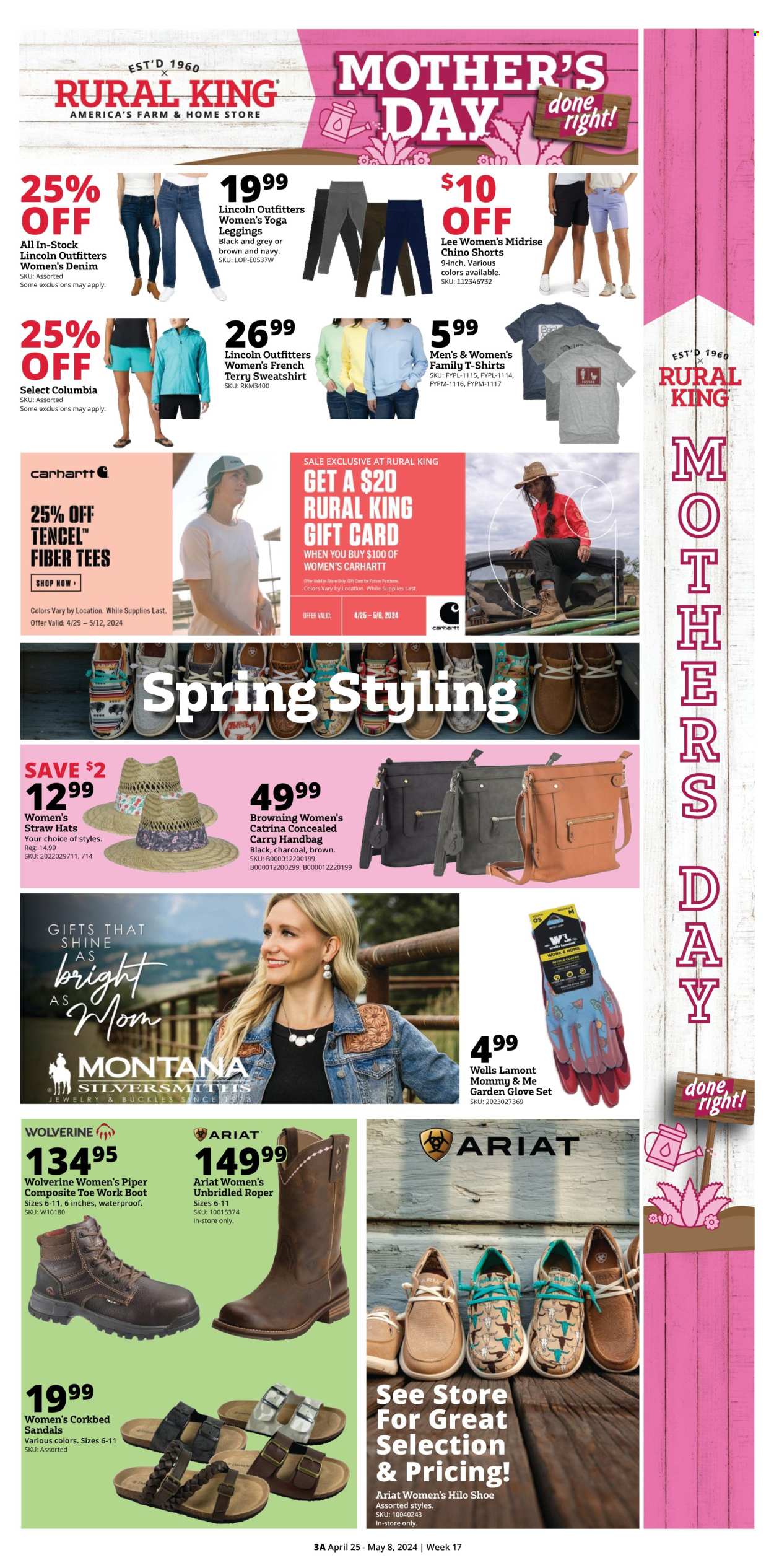 thumbnail - Rural King Flyer - 04/25/2024 - 05/08/2024 - Sales products - boots, Columbia, sandals, shoes, safety boots, gloves, straw, Lee, Denim, shorts, t-shirt, sweatshirt, leggings, hat, handbag, Browning. Page 3.