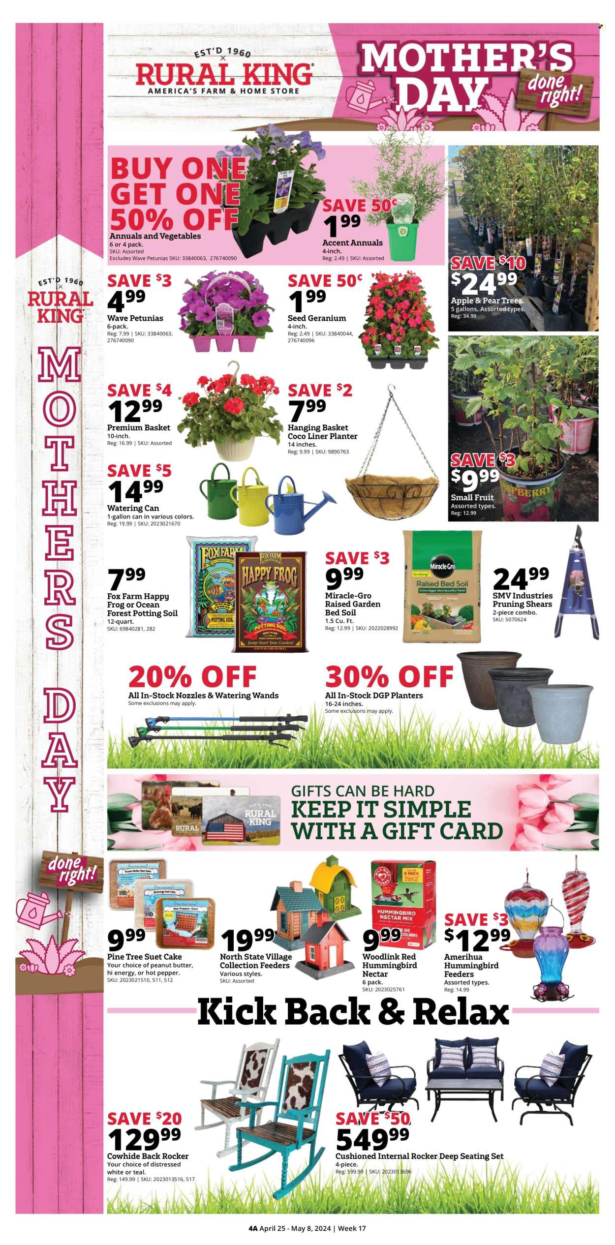 thumbnail - Rural King Flyer - 04/25/2024 - 05/08/2024 - Sales products - pepper, peanut butter, Planters, WAVE, gallon, suet, hanging basket, scissors, pine tree, Geranium, outdoor flowers, plant pot, garden bed. Page 4.