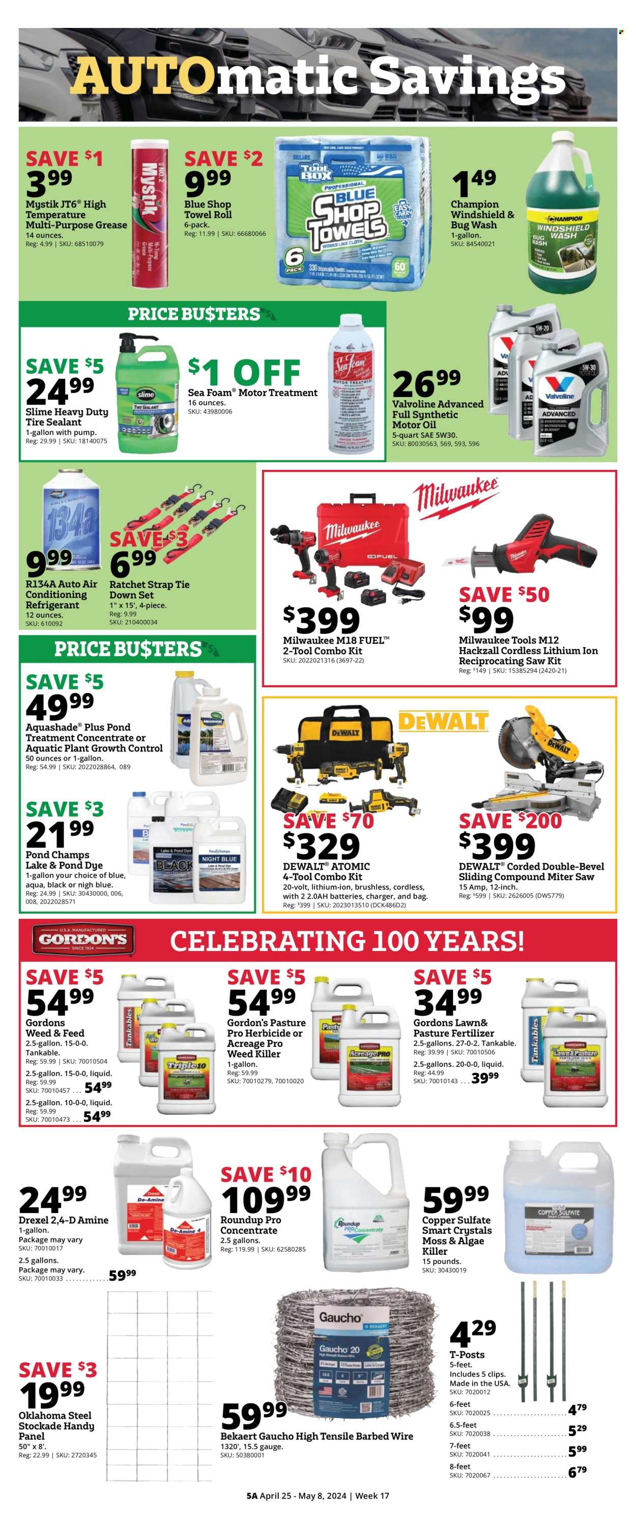 thumbnail - Rural King Flyer - 04/25/2024 - 05/08/2024 - Sales products - DeWALT, battery, towel, Atomic, Slime, Milwaukee, saw, reciprocating saw, combo kit, hand tools, ratchet strap, strap, gauge, pump, fertilizer, barbed wire, Roundup, motor oil, Valvoline, refrigerant. Page 5.