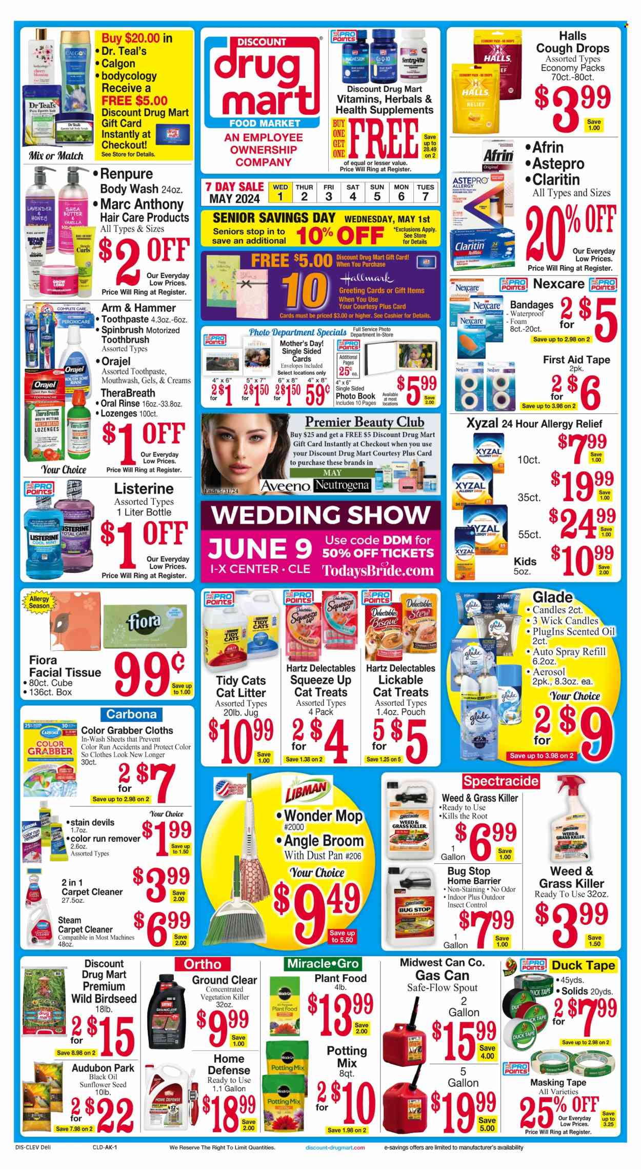 thumbnail - Discount Drug Mart Flyer - 05/01/2024 - 05/07/2024 - Sales products - tuna, Halls, ARM & HAMMER, poultry meat, Johnson's, Aveeno, tissues, Carbona, carpet cleaner, Calgon, body wash, shampoo, hair products, Listerine, toothbrush, toothpaste, mouthwash, facial tissues, Neutrogena, body scrub, shea butter, fragrance, insect killer, mop, broom, angle broom, cloths, envelope, greeting card, candle, Glade, scented oil, book, linens, cat litter, pet bed, animal food, animal treats, bird food, cat food, Purina, wet cat food, potting mix, fertilizer, lavender, pain relief, Afrin, magnesium, cough drops, nasal spray, allergy relief, dietary supplement, health supplement, Claritin, allergy control, epsom salt, vitamins, plaster. Page 1.