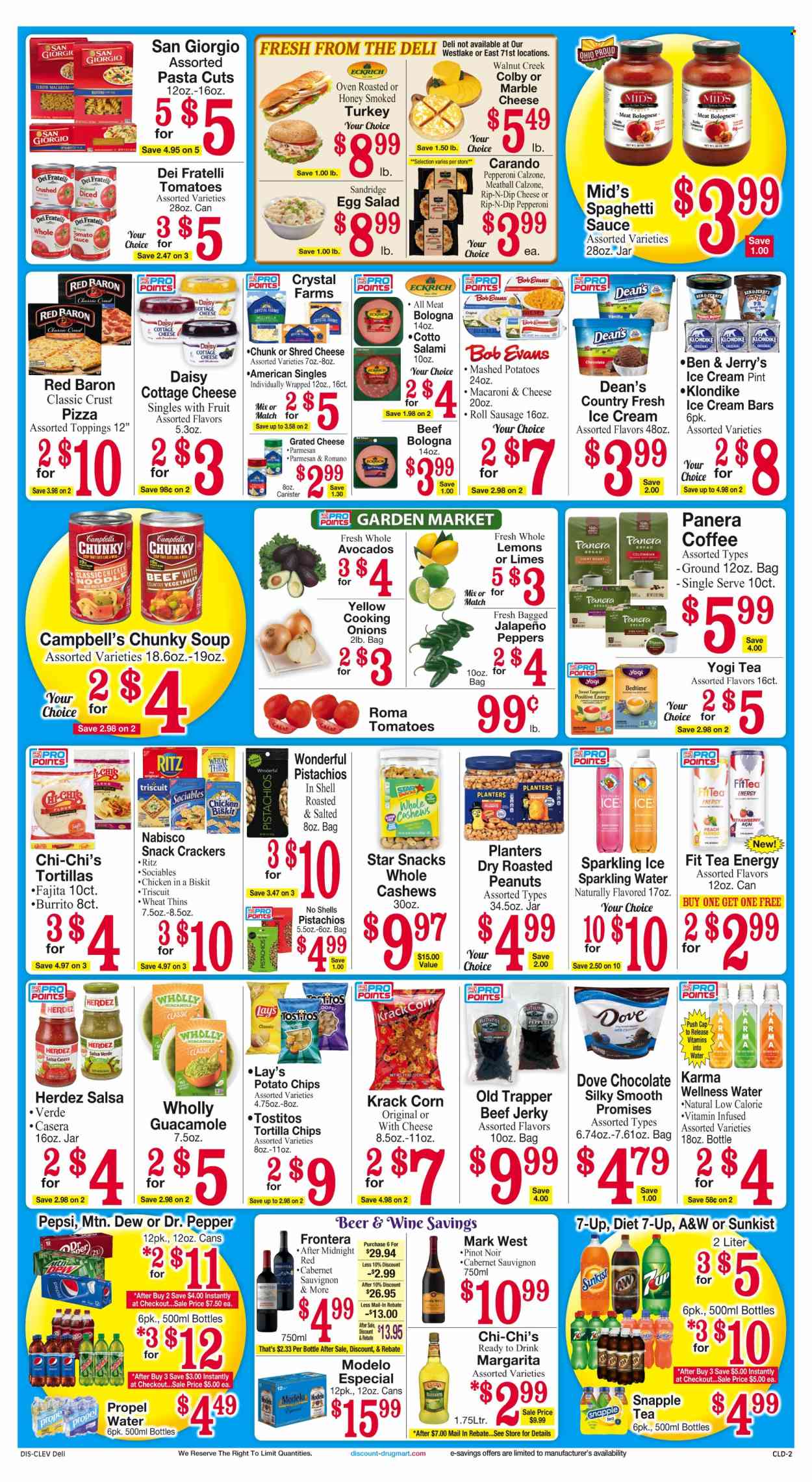 thumbnail - Discount Drug Mart Flyer - 05/01/2024 - 05/07/2024 - Sales products - salad, limes, mandarines, Campbell's, macaroni & cheese, spaghetti, soup, snack, pasta, noodles cup, burrito, noodles, calzone, Bob Evans, spaghetti sauce, beef jerky, salami, ham, jerky, bologna sausage, turkey ham, guacamole, Colby cheese, cottage cheese, parmesan, grated cheese, milk, lard, dip, Dove, ice cream, ice cream bars, Ben & Jerry's, Red Baron, crackers, RITZ, Nabisco, tortilla chips, potato chips, Lay’s, topping, tomato sauce, roasted peanuts, peanuts, Planters, Mountain Dew, Pepsi, ice tea, Dr. Pepper, soft drink, 7UP, Snapple, A&W, flavored water, sparkling water, carbonated soft drink, alcohol, ready to drink spirits, beer, Modelo, canister, jar, dietary supplement, vitamins. Page 2.
