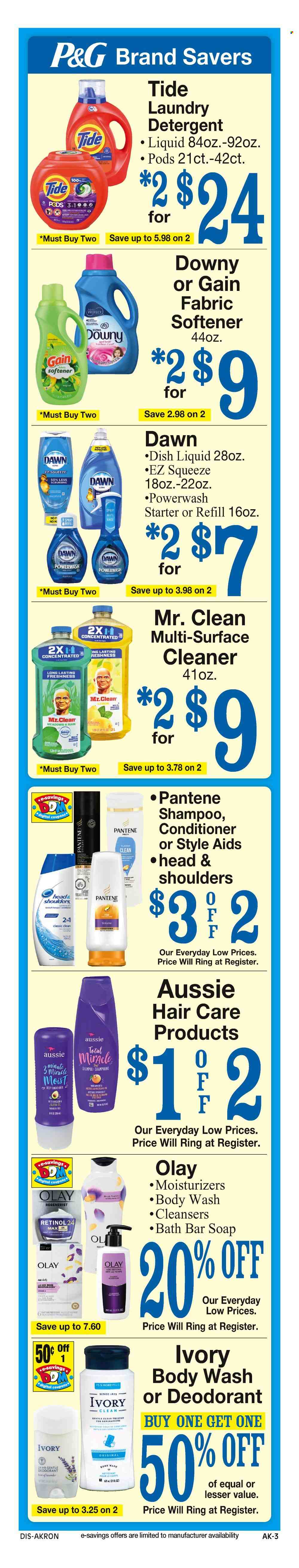 thumbnail - Discount Drug Mart Flyer - 05/01/2024 - 05/07/2024 - Sales products - lemons, macadamia nuts, detergent, Febreze, Gain, surface cleaner, cleaner, all purpose cleaner, Tide, fabric softener, laundry detergent, dishwashing liquid, body wash, shampoo, soap bar, hair products, cleanser, moisturizer, Olay, Aussie, conditioner, Head & Shoulders, Pantene, deodorant, lavender. Page 3.