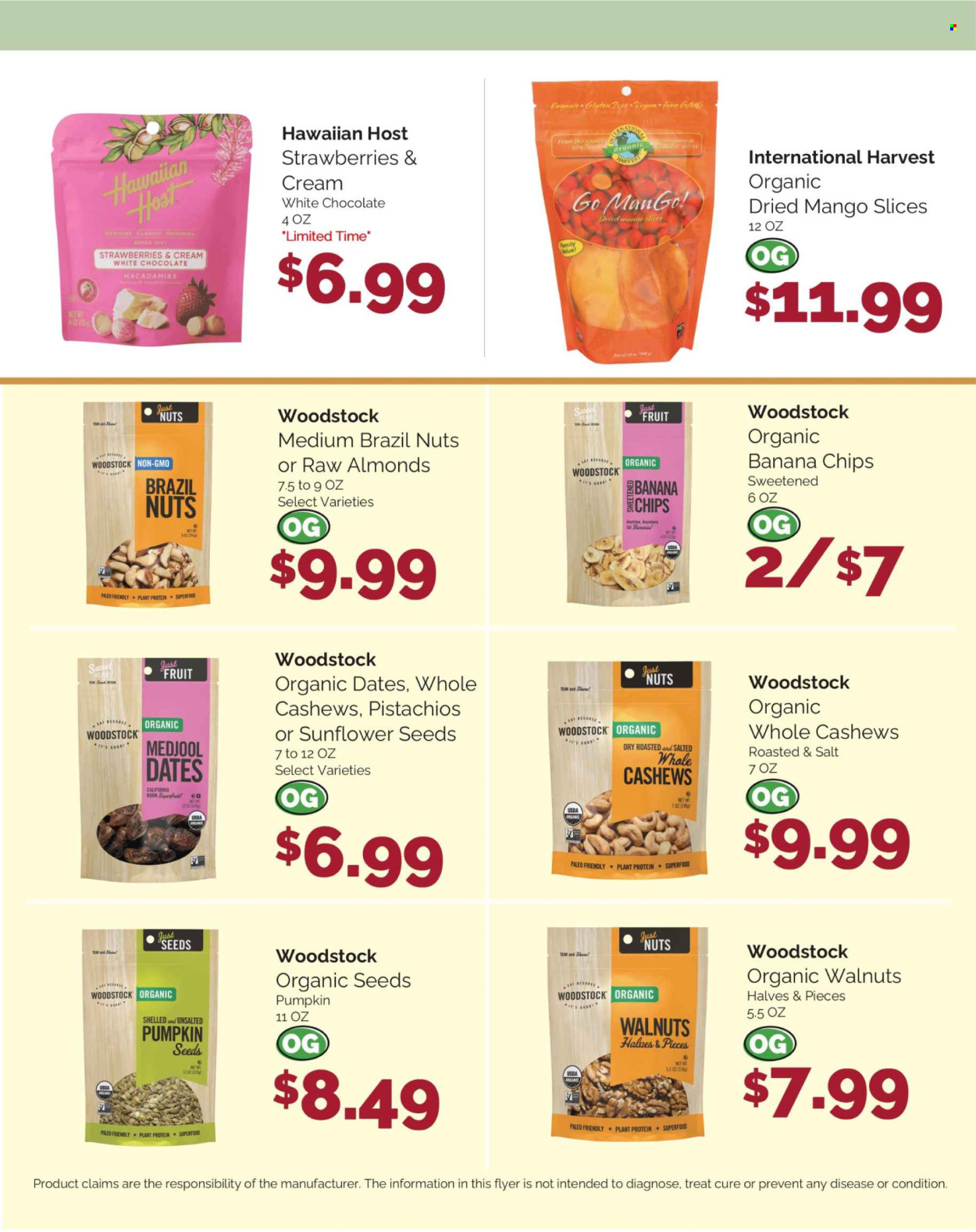 thumbnail - Harris Teeter Flyer - 04/24/2024 - 05/21/2024 - Sales products - Bryan, white chocolate, plant protein, cashews, macadamia nuts, walnuts, dried fruit, pistachios, dried dates, sunflower seeds, pumpkin seeds, banana chips, brazil nuts. Page 11.