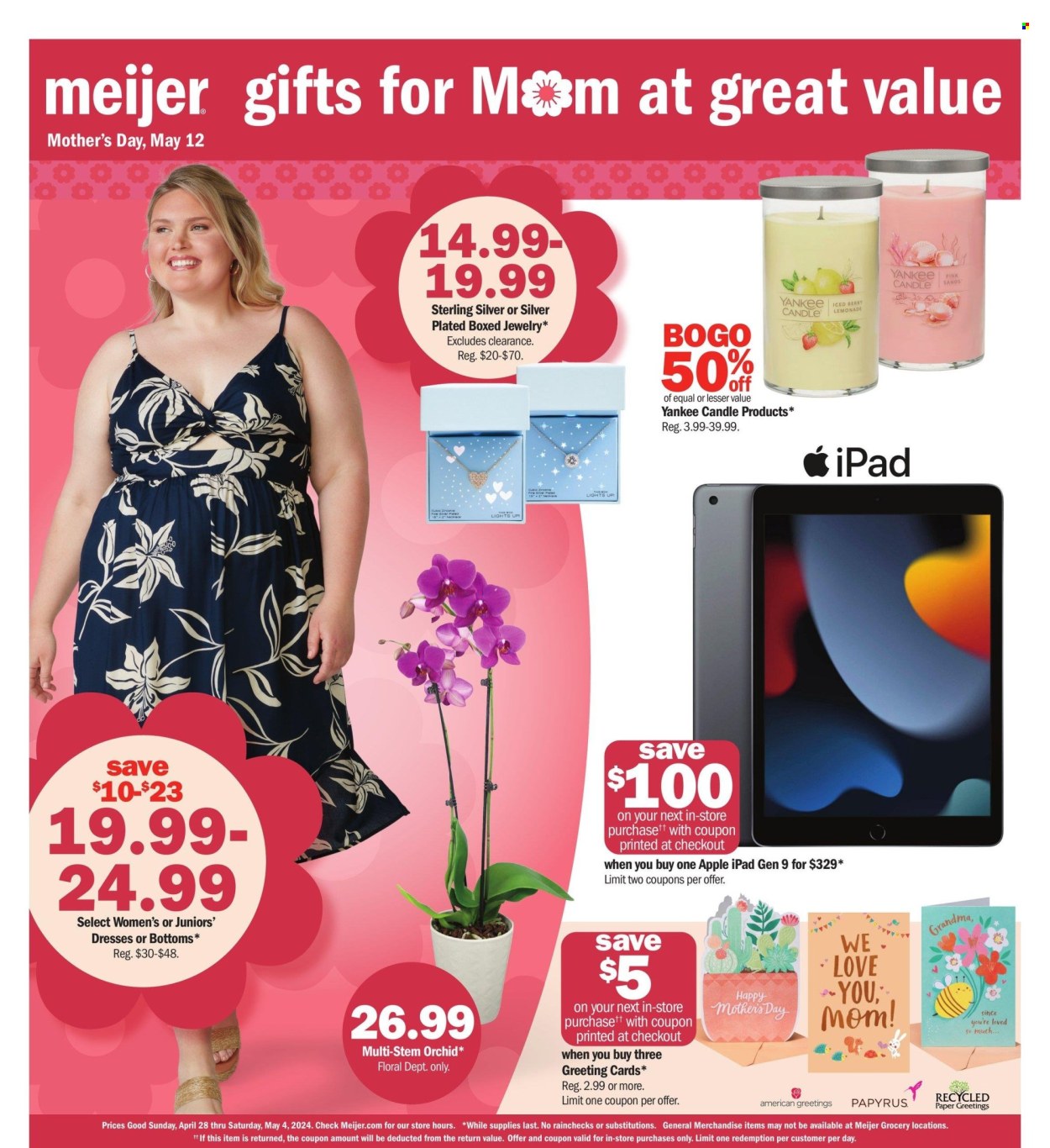 thumbnail - Meijer Flyer - 04/28/2024 - 05/12/2024 - Sales products - tablet, iPad, Apple, greeting card, candle, Yankee Candle, houseplant, orchid, jewelry, dress. Page 1.
