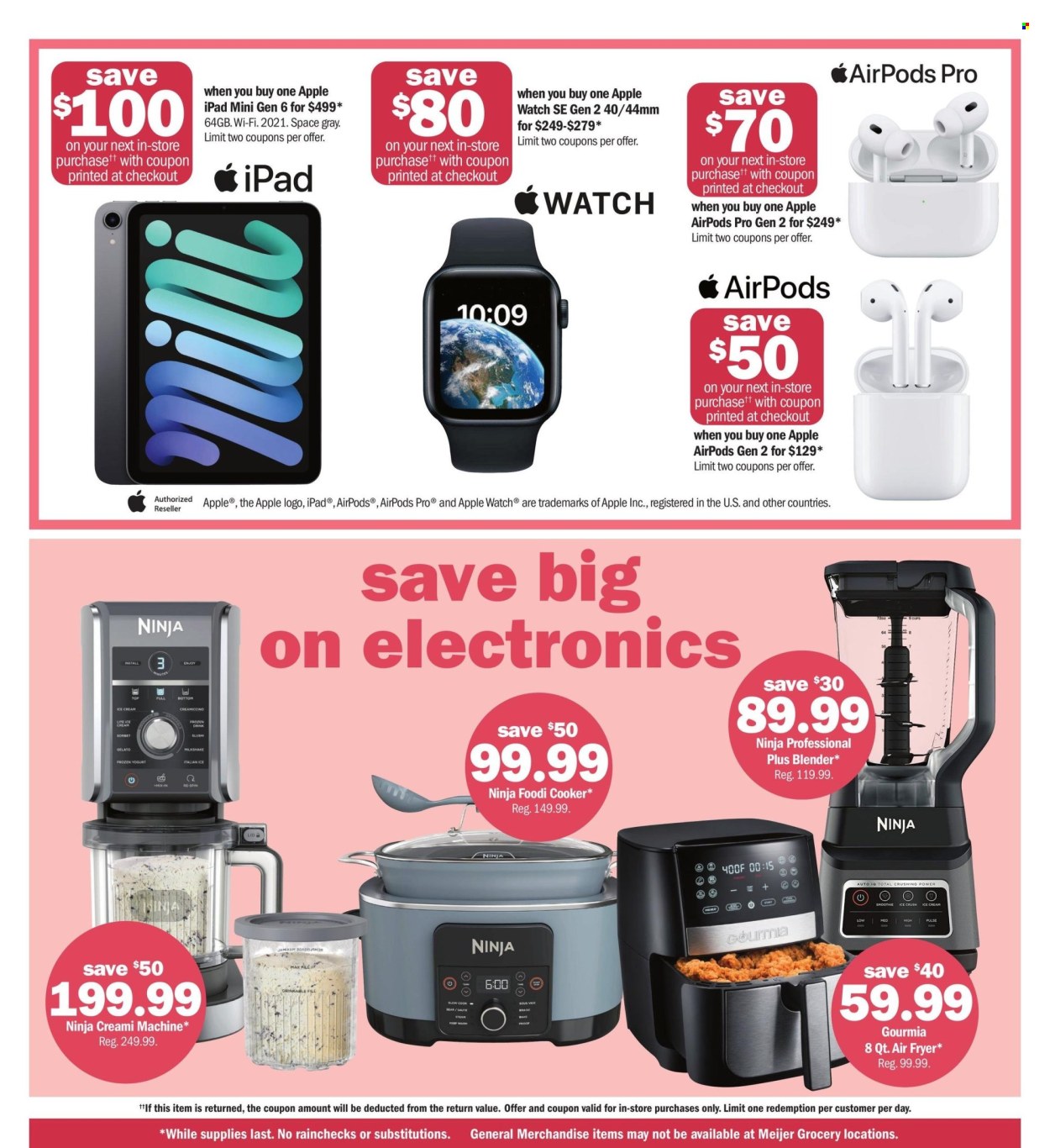 thumbnail - Meijer Flyer - 04/28/2024 - 05/12/2024 - Sales products - Apple, Apple Watch, smart watch, Apple Watch SE, watch, blender, tablet, iPad, Airpods, earbuds, air fryer. Page 4.