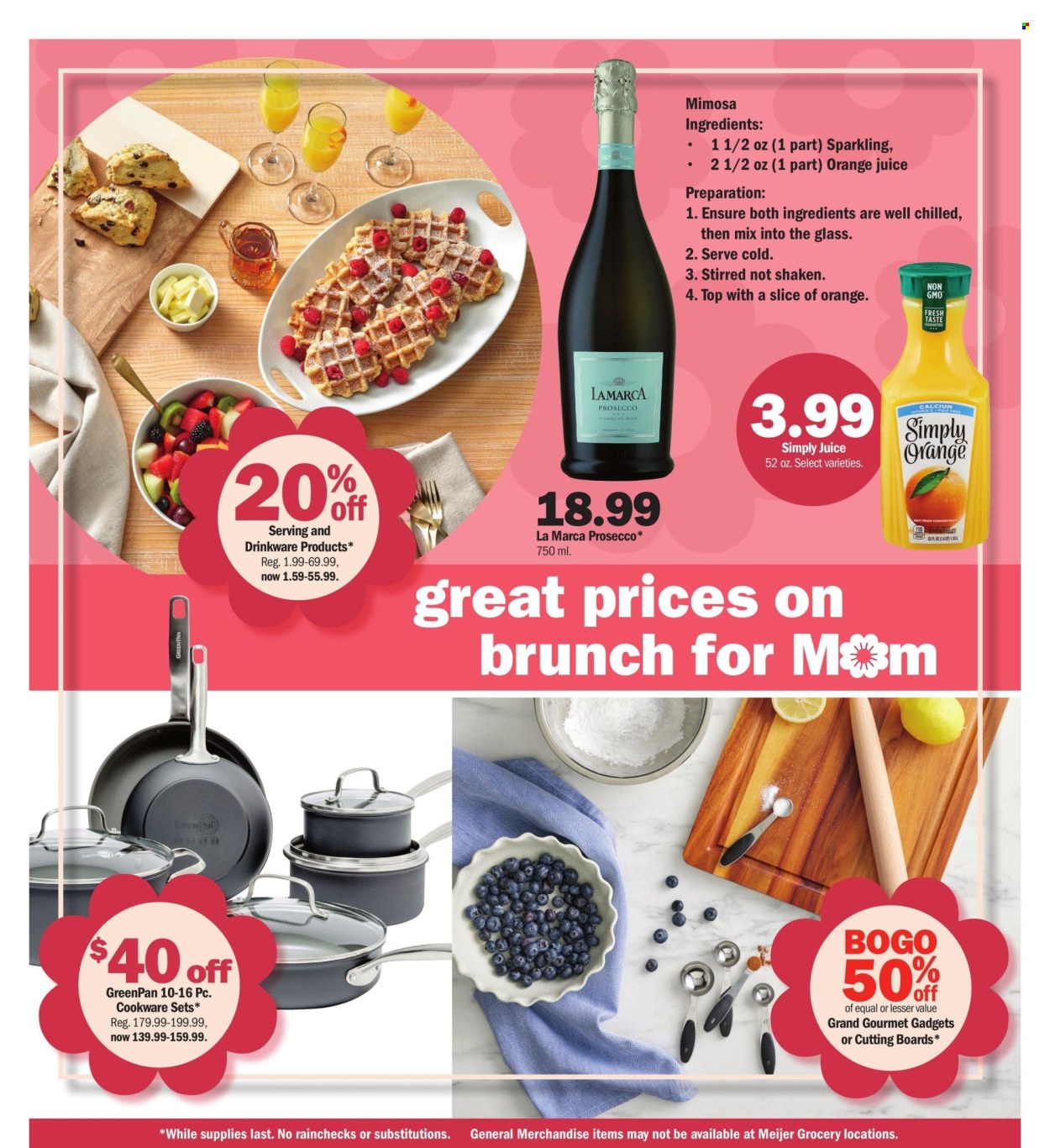 thumbnail - Meijer Flyer - 04/28/2024 - 05/12/2024 - Sales products - cutting board, sparkling wine, prosecco, alcohol, cookware set, juice, drinkware. Page 6.