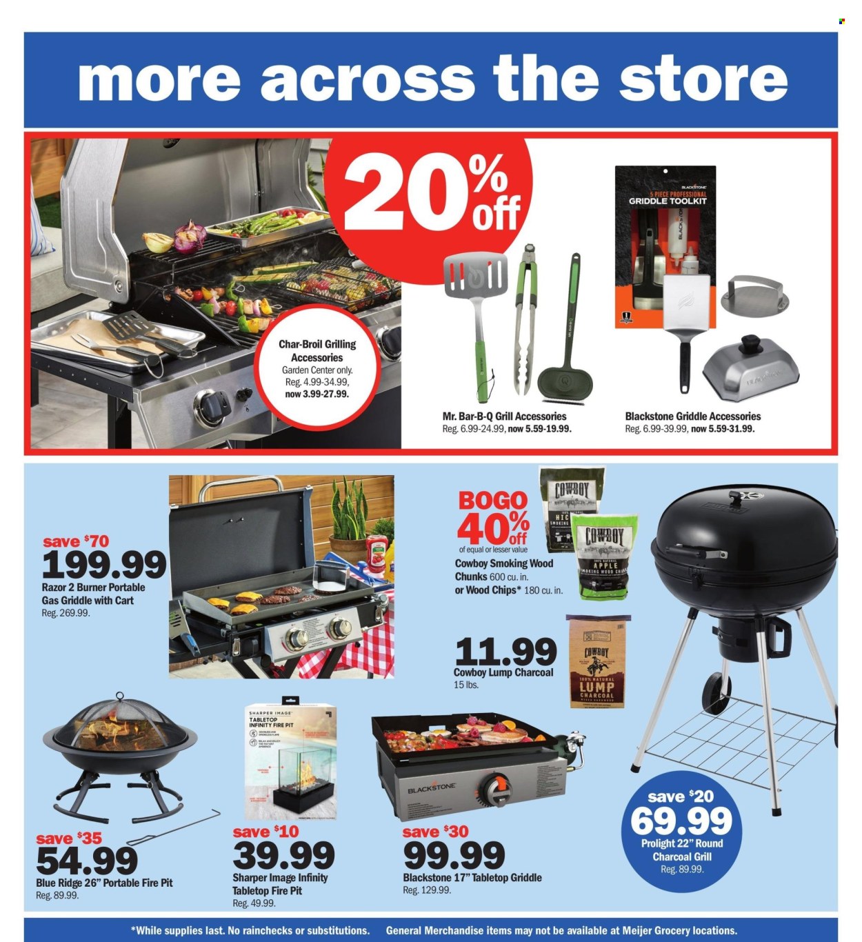 thumbnail - Meijer Flyer - 04/28/2024 - 05/12/2024 - Sales products - griddle, razor, grill, cart, charcoal, grill accessories, Infinity, fire bowl, charcoal grill, smoking wood chunks. Page 12.