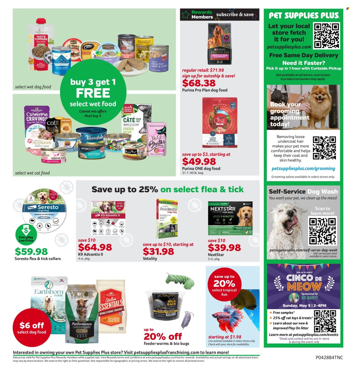 thumbnail - Pet Supplies Plus Flyer - 04/25/2024 - 05/22/2024 - Sales products - feeder, cat toy, Play On, animal food, cat food, dog food, wet dog food, PRO PLAN, Purina, wet cat food, Seresto. Page 4.