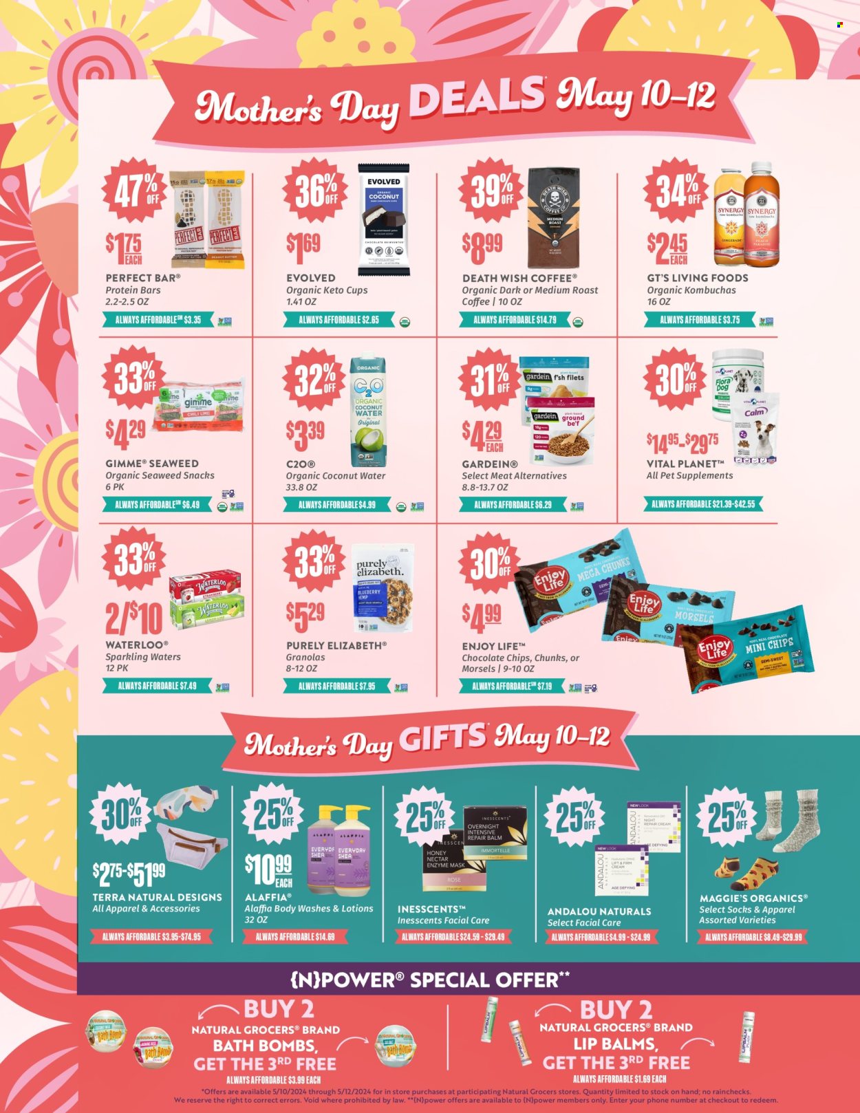 thumbnail - Natural Grocers Flyer - 05/10/2024 - 05/12/2024 - Sales products - snack, plant based product, snack bar, chocolate chips, protein bar, coconut water, coffee, body wash, bath bomb, lip balm. Page 2.