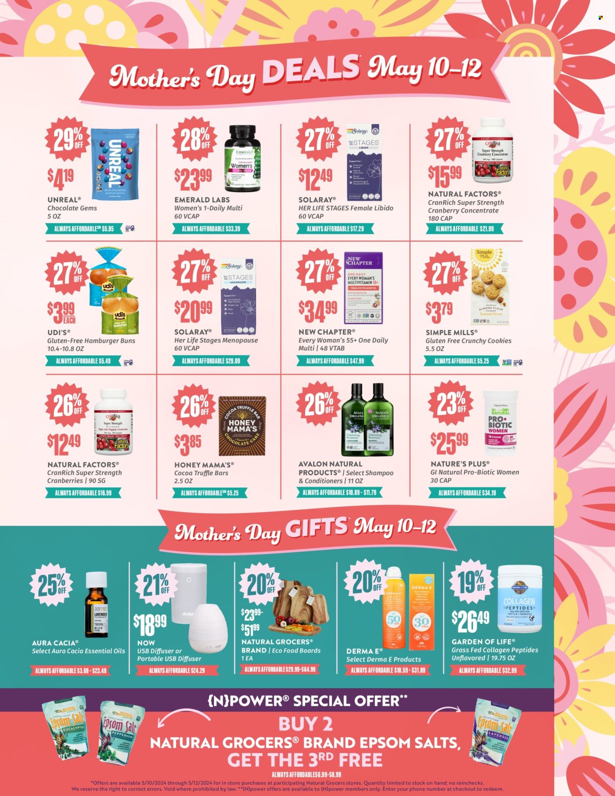 thumbnail - Natural Grocers Flyer - 05/10/2024 - 05/12/2024 - Sales products - buns, burger buns, Mama's, cookies, chocolate, truffles, bars, cocoa, cranberries, honey, shampoo, one daily, dietary supplement, epsom salt. Page 3.