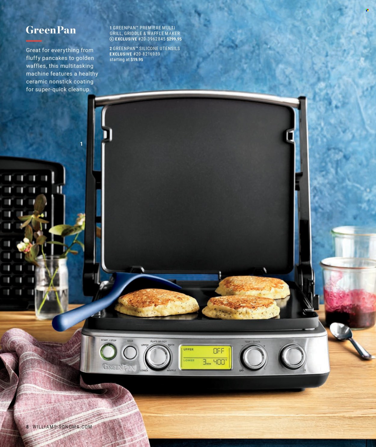 thumbnail - Williams-Sonoma Flyer - Sales products - waffles, pancakes, utensils, plate, pan, waffle maker, grill, griddle. Page 8.