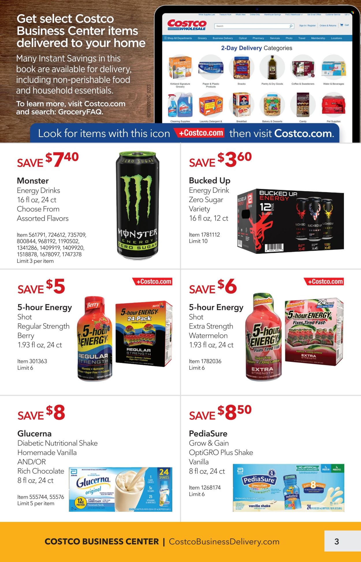 thumbnail - Costco Flyer - 05/28/2024 - 06/23/2024 - Sales products - dessert, Quaker, shake, Hershey's, energy drink, Monster, Red Bull, Monster Energy, energy shot, water, bath tissue, detergent, Windex, laundry detergent, paper, book, cart, Glucerna, nutritional supplement, dietary supplement, vitamins. Page 3.