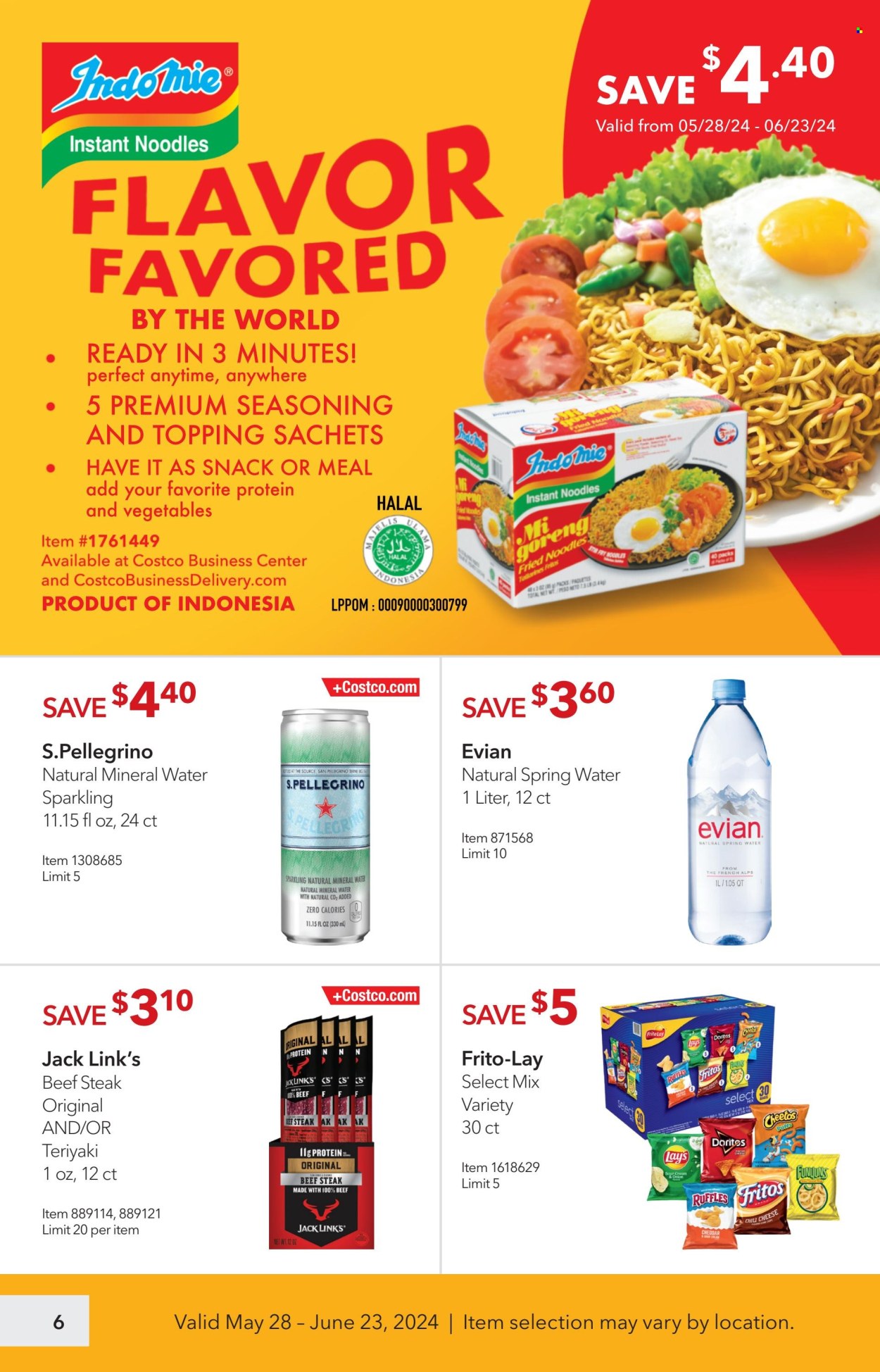 thumbnail - Costco Flyer - 05/28/2024 - 06/23/2024 - Sales products - snack, instant noodles, noodles, cheese, Doritos, Fritos, Cheetos, Lay’s, Frito-Lay, Ruffles, Jack Link's, salty snack, topping, spice, seasoning, mineral water, spring water, Evian, San Pellegrino, water, beef meat, beef steak, steak. Page 6.