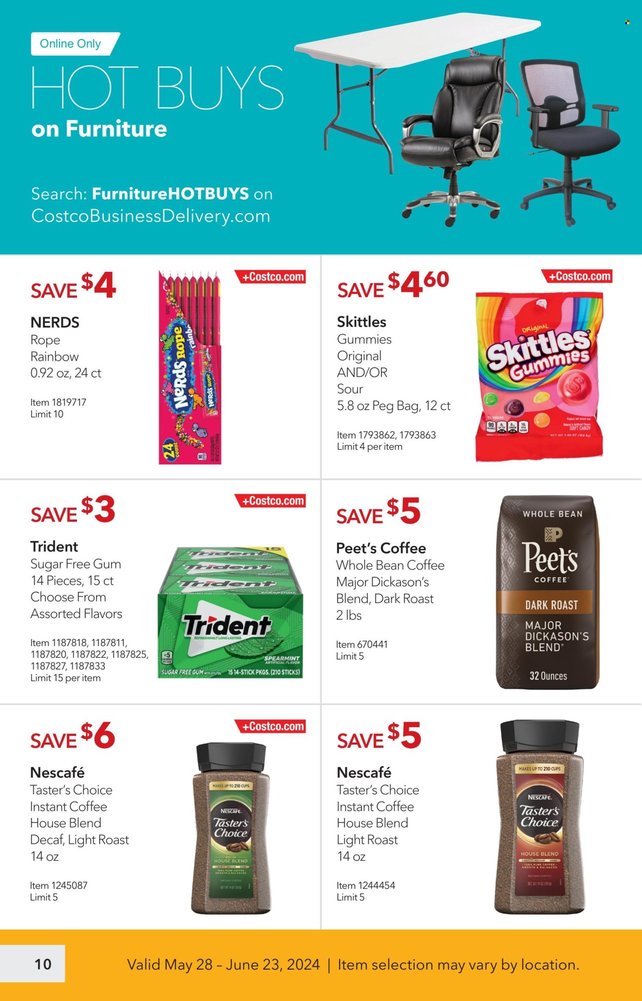 thumbnail - Costco Flyer - 05/28/2024 - 06/23/2024 - Sales products - Skittles, Trident, Candy, sweets, gummies, coffee, instant coffee, coffee beans, Nescafé, rope, cup. Page 10.