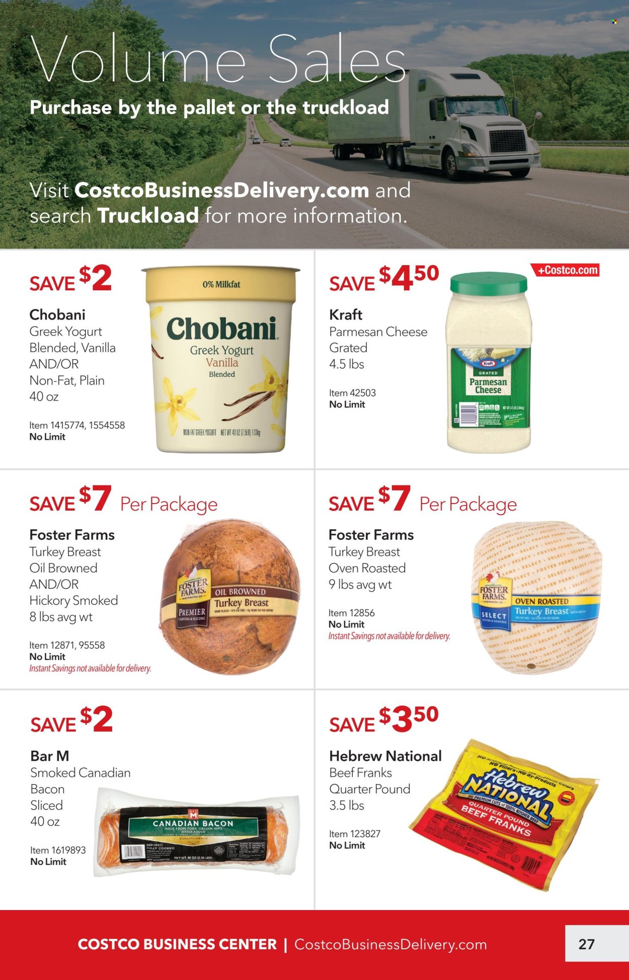 thumbnail - Costco Flyer - 05/28/2024 - 06/23/2024 - Sales products - Kraft®, ready meal, bacon, canadian bacon, frankfurters, parmesan, cheese, grated cheese, greek yoghurt, yoghurt, Chobani, broth, oil, water, pork loin, AVG. Page 27.