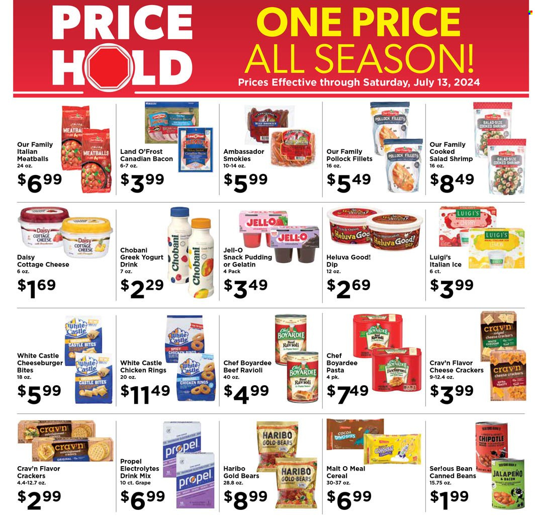 thumbnail - Marketplace Foods Flyer - 05/22/2024 - 07/13/2024 - Sales products - beans, jalapeño, fish fillets, pollock, seafood, shrimps, ravioli, meatballs, pasta, cheeseburger, chicken nuggets, ready meal, bacon, canadian bacon, cottage cheese, greek yoghurt, pudding, Chobani, yoghurt drink, dip, ice cream, Haribo, crackers, jelly candy, gummies, salty snack, cocoa, Jell-O, Chef Boyardee, flavored water, water. Page 1.