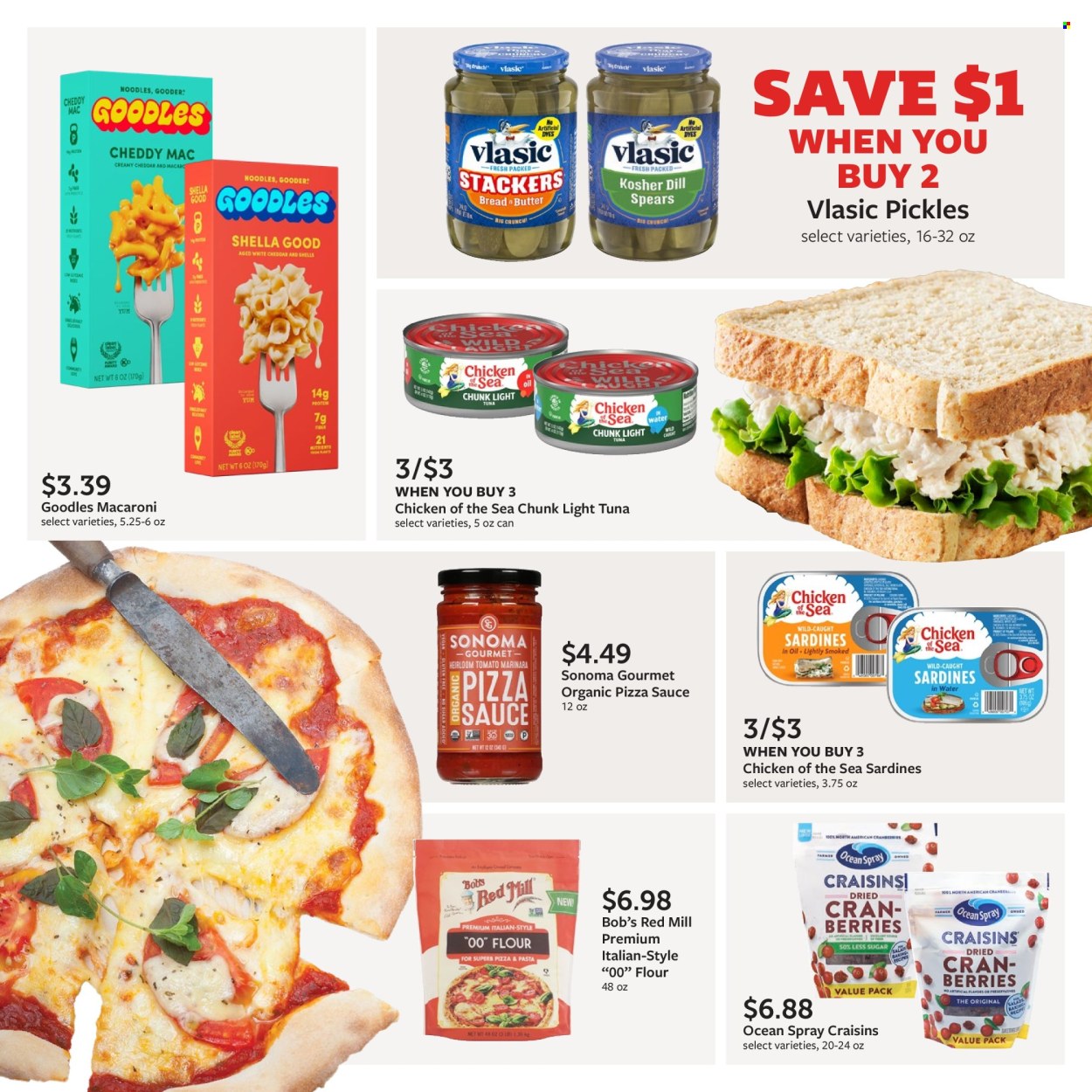 thumbnail - Fareway Flyer - 06/03/2024 - 07/06/2024 - Sales products - salad, sardines, tuna, macaroni, pasta, noodles, cheddar, cheese, flour, canned tuna, craisins, cranberries, pickles, light tuna, Chicken of the Sea, canned fish, pizza sauce, pickled vegetables, dried fruit, juice. Page 17.